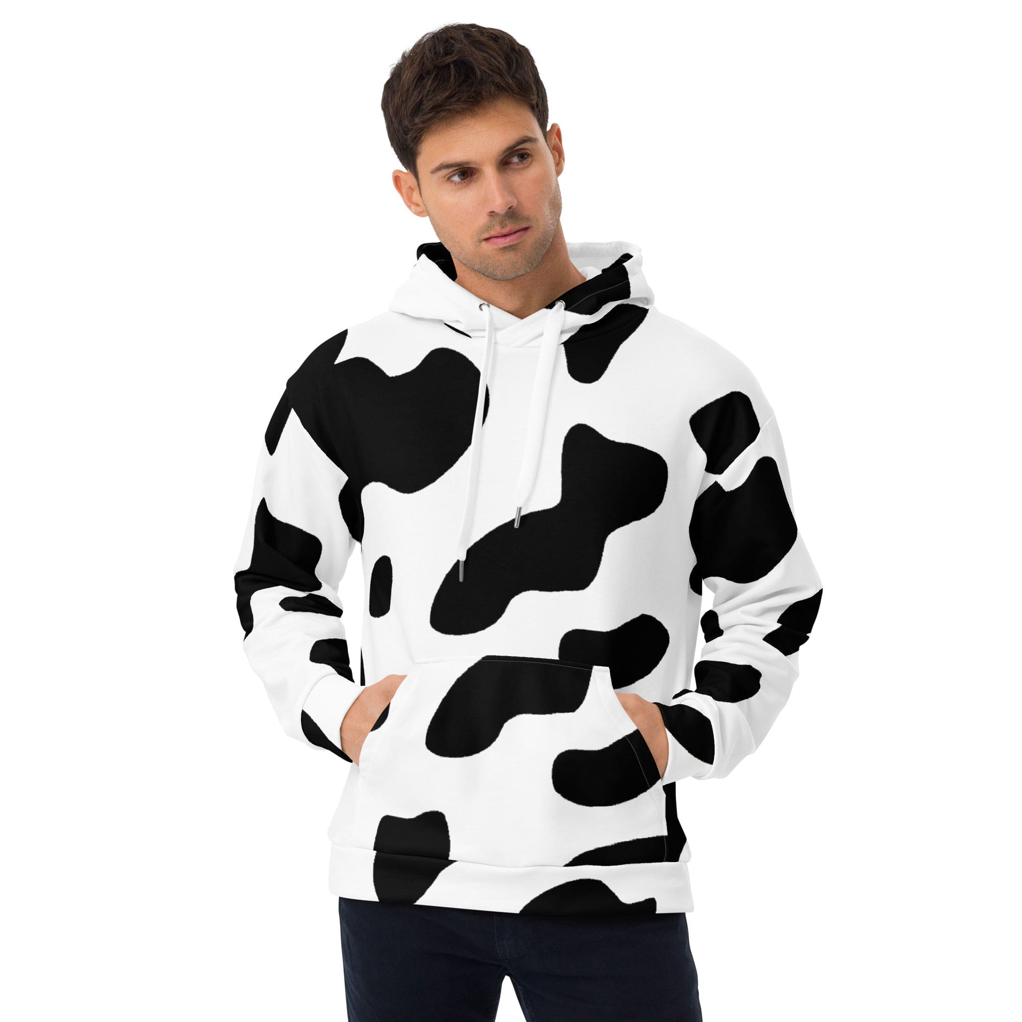 Men's Graphic Hoodie featuring a bold black and white cow print design, showcasing a comfortable double-lined hood and front pouch pocket.