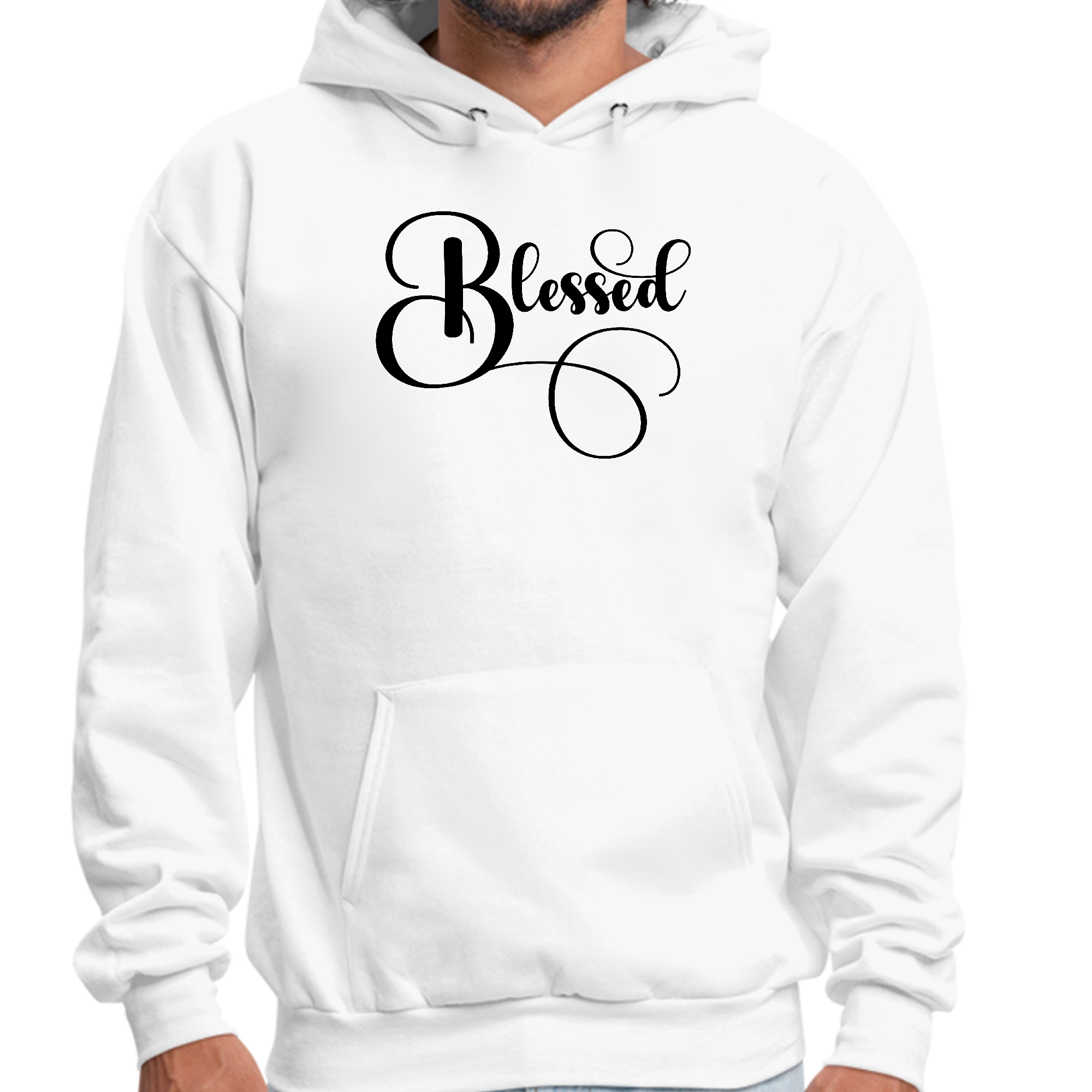 Mens Blessed Black Graphic Hoodie featuring a unique graphic illustration, made from soft cotton-polyester blend, perfect for casual wear.