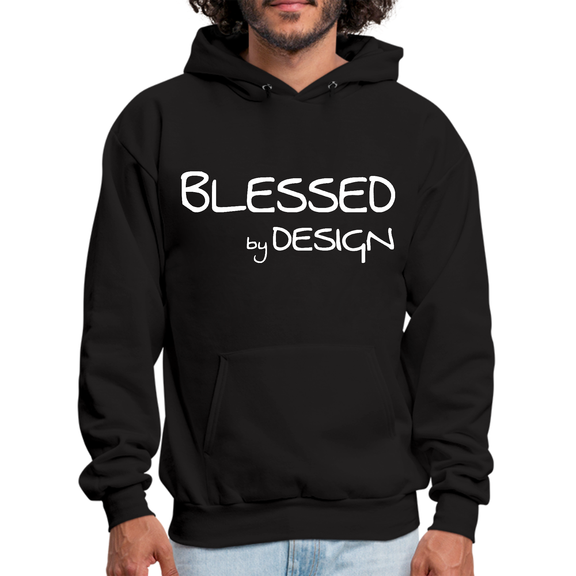 Mens Graphic Hoodie Blessed by Design featuring an inspirational affirmation, soft fabric, and drawstring neckline.