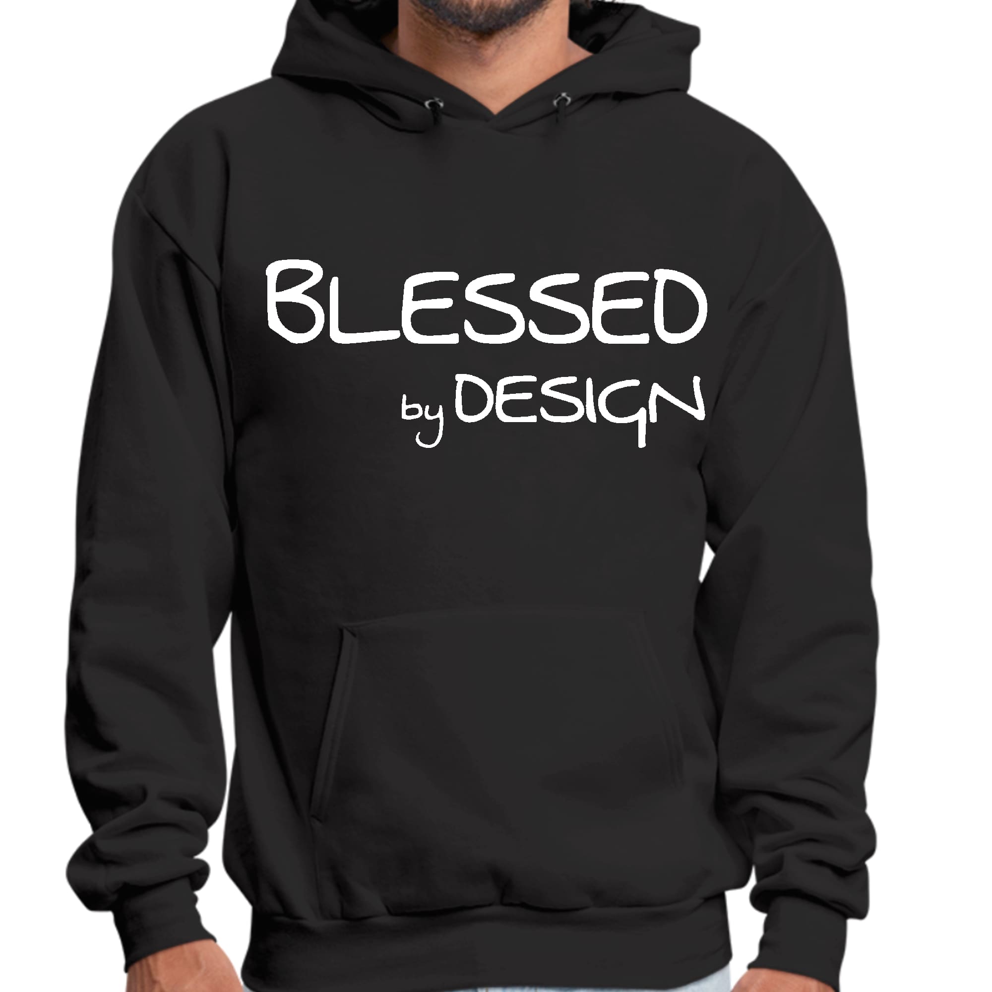 Mens Graphic Hoodie Blessed by Design featuring an inspirational affirmation, soft fabric, and drawstring neckline.