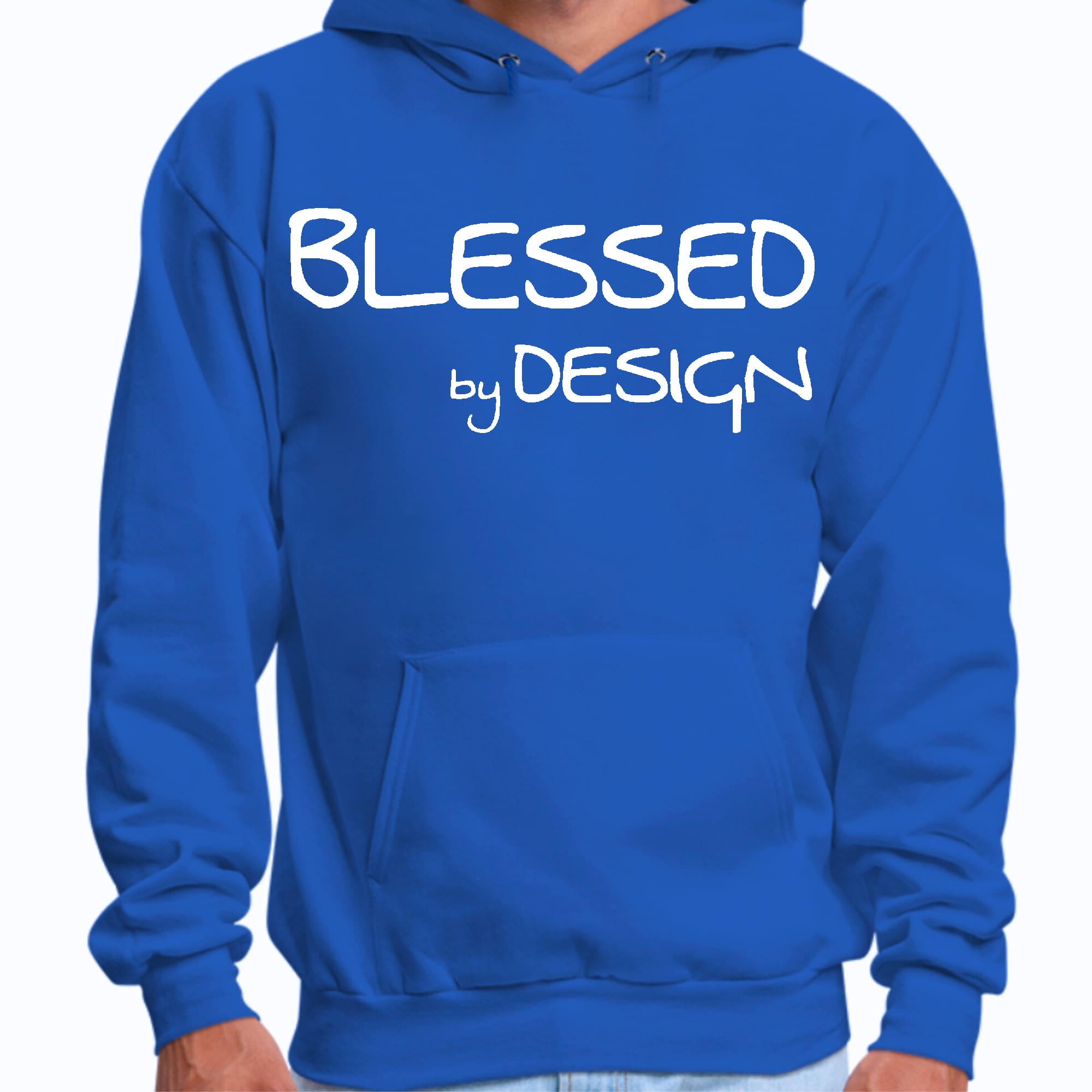 Mens Graphic Hoodie Blessed by Design featuring an inspirational affirmation, soft fabric, and drawstring neckline.