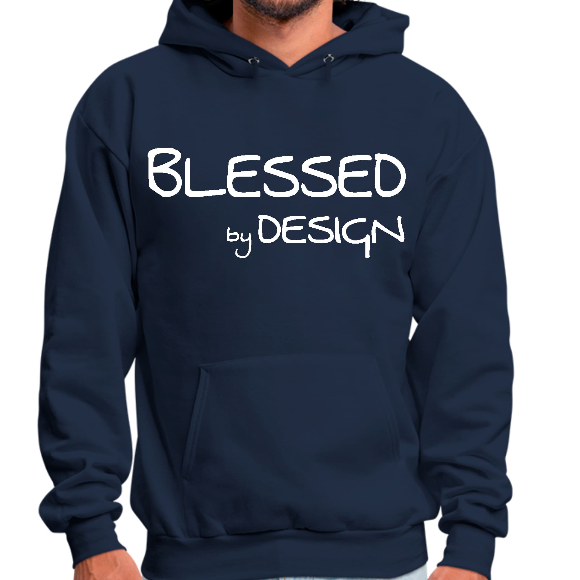 Mens Graphic Hoodie Blessed by Design featuring an inspirational affirmation, soft fabric, and drawstring neckline.
