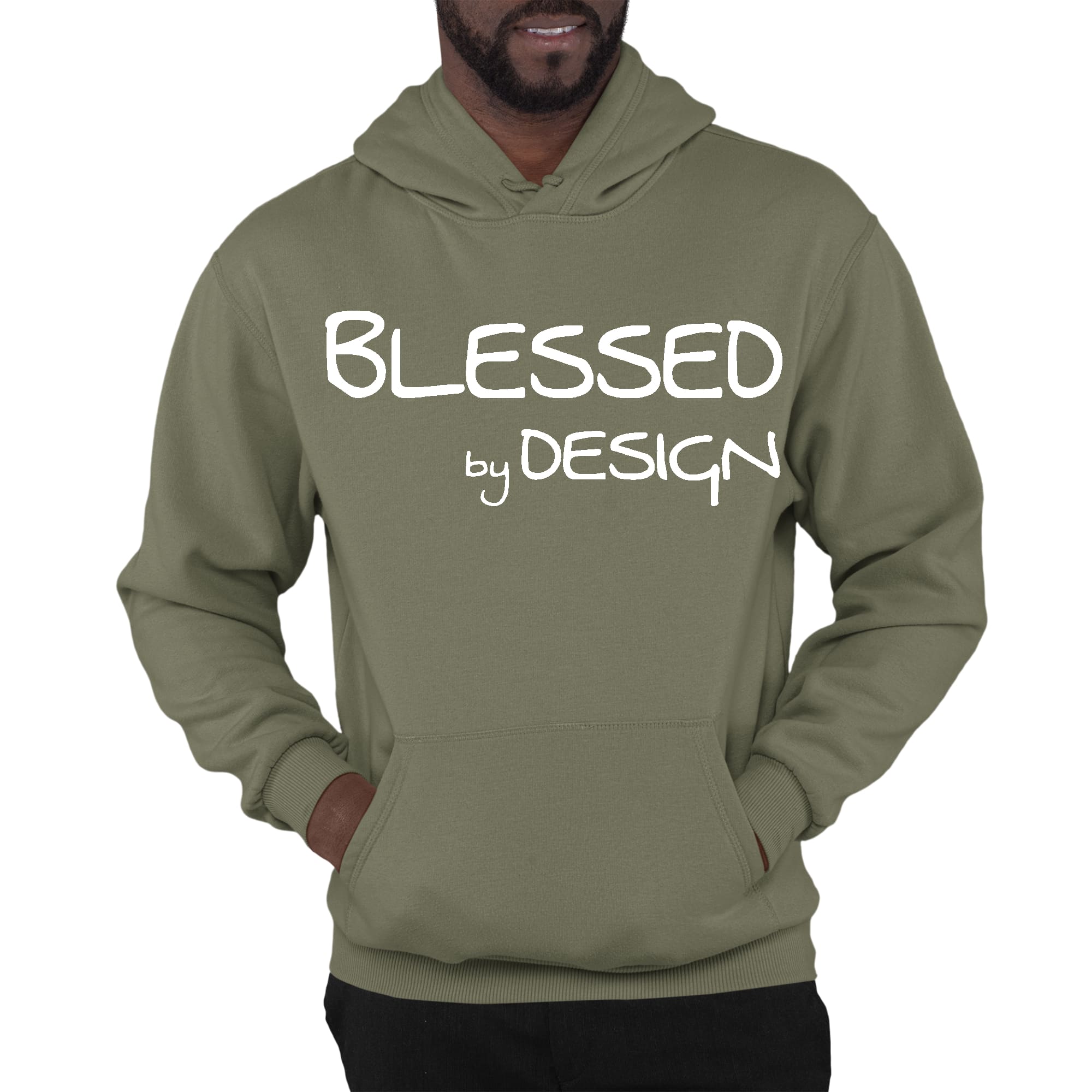 Mens Graphic Hoodie Blessed by Design featuring an inspirational affirmation, soft fabric, and drawstring neckline.