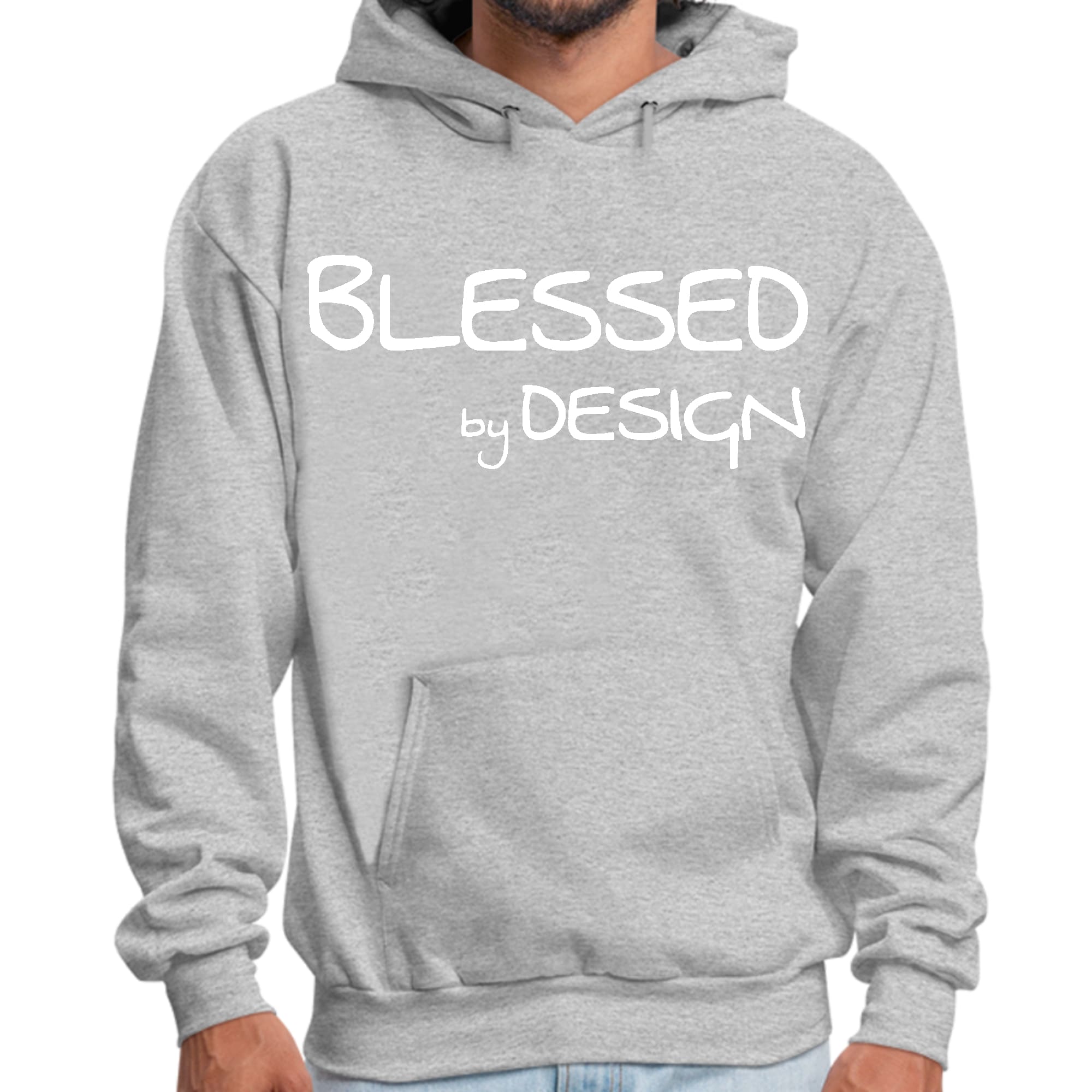 Mens Graphic Hoodie Blessed by Design featuring an inspirational affirmation, soft fabric, and drawstring neckline.