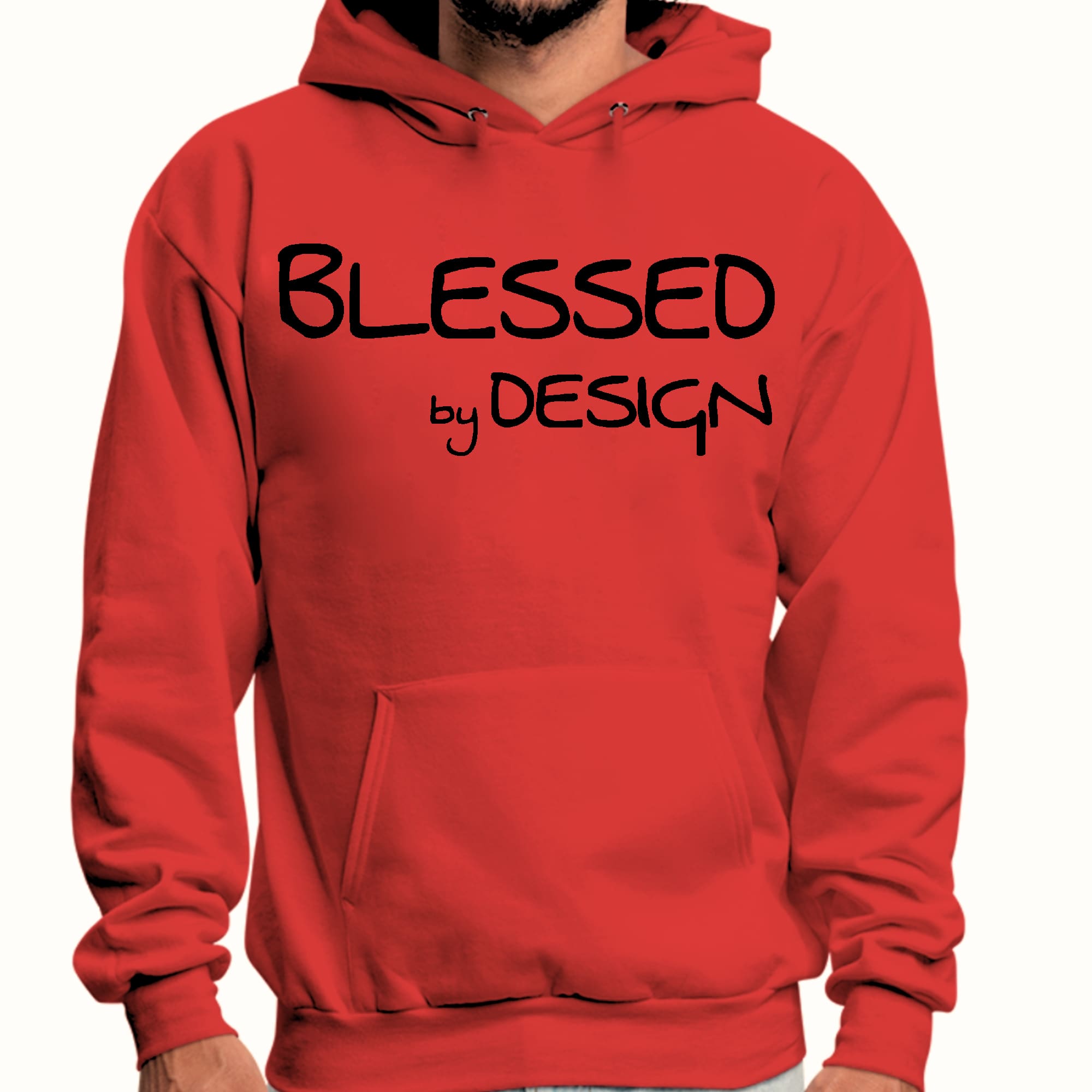 Men's black graphic hoodie featuring the inspirational phrase 'Blessed by Design' with a drawstring neckline and long sleeves.