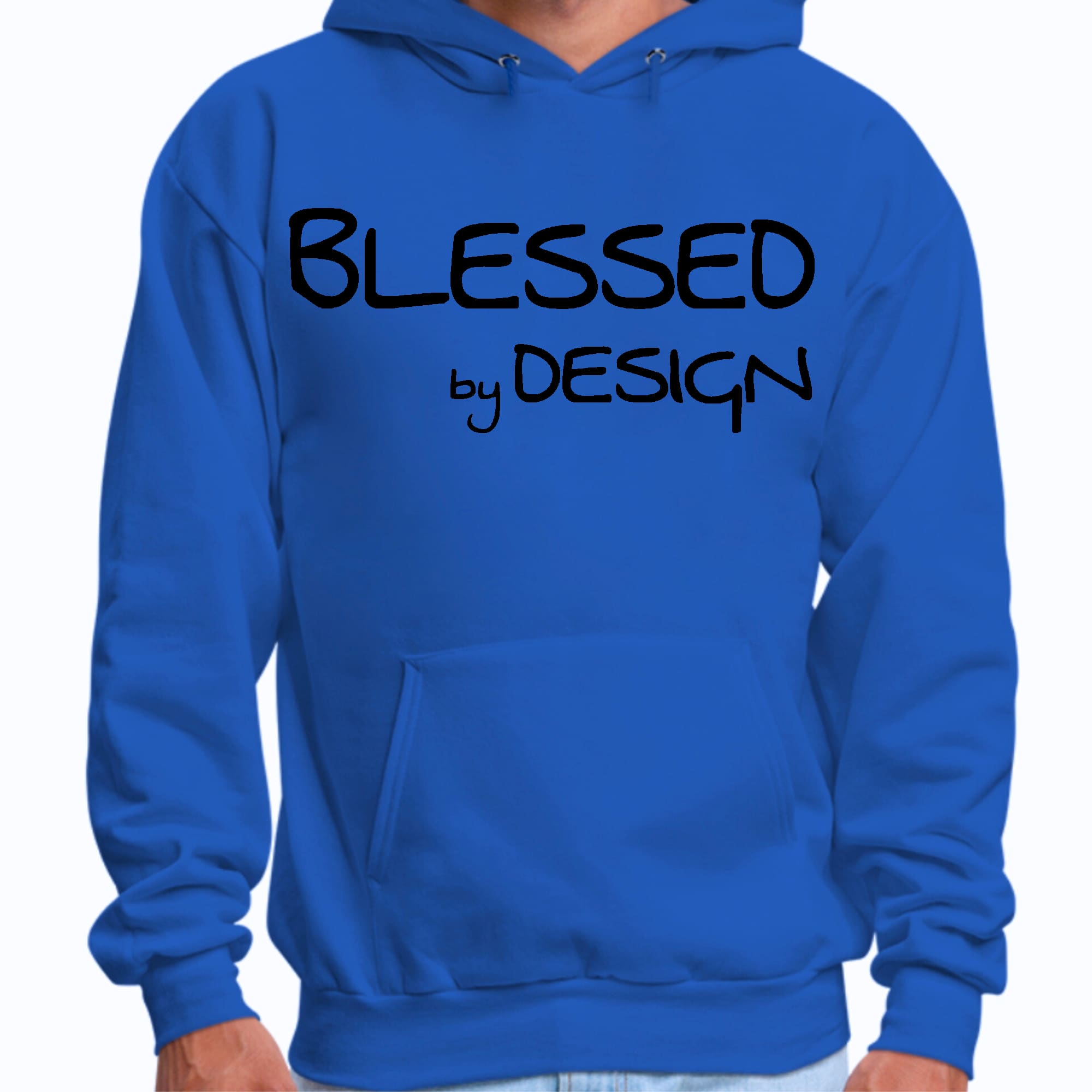 Men's black graphic hoodie featuring the inspirational phrase 'Blessed by Design' with a drawstring neckline and long sleeves.