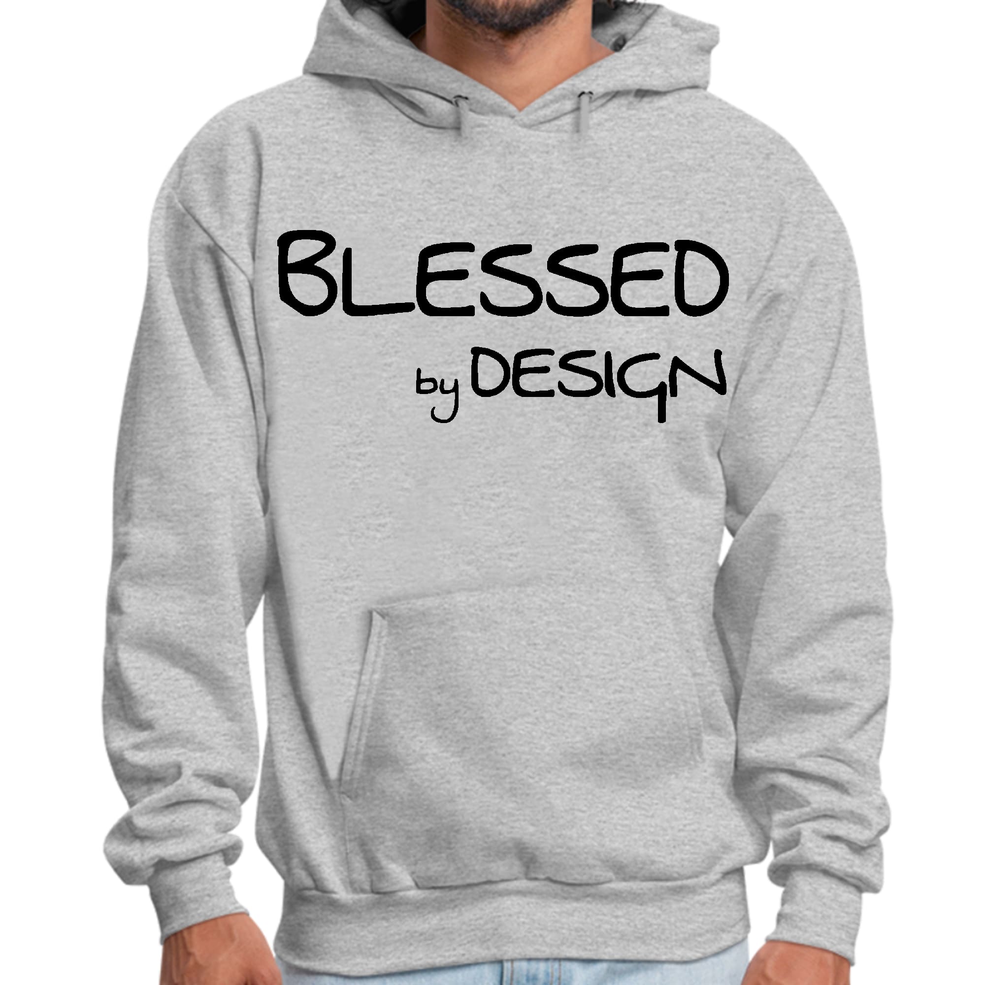 Men's black graphic hoodie featuring the inspirational phrase 'Blessed by Design' with a drawstring neckline and long sleeves.
