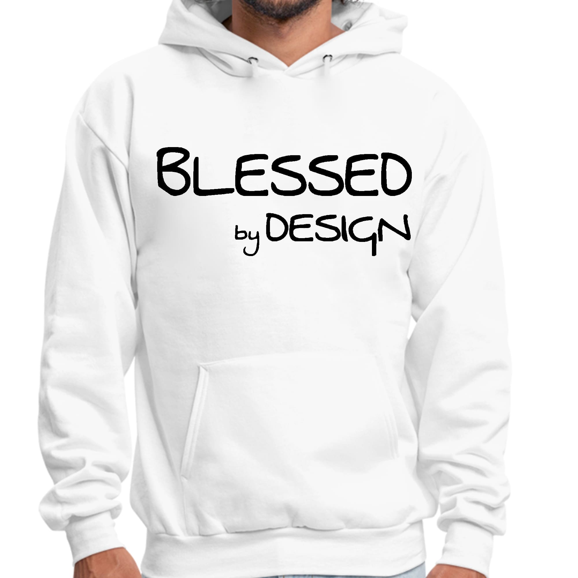 Men's black graphic hoodie featuring the inspirational phrase 'Blessed by Design' with a drawstring neckline and long sleeves.