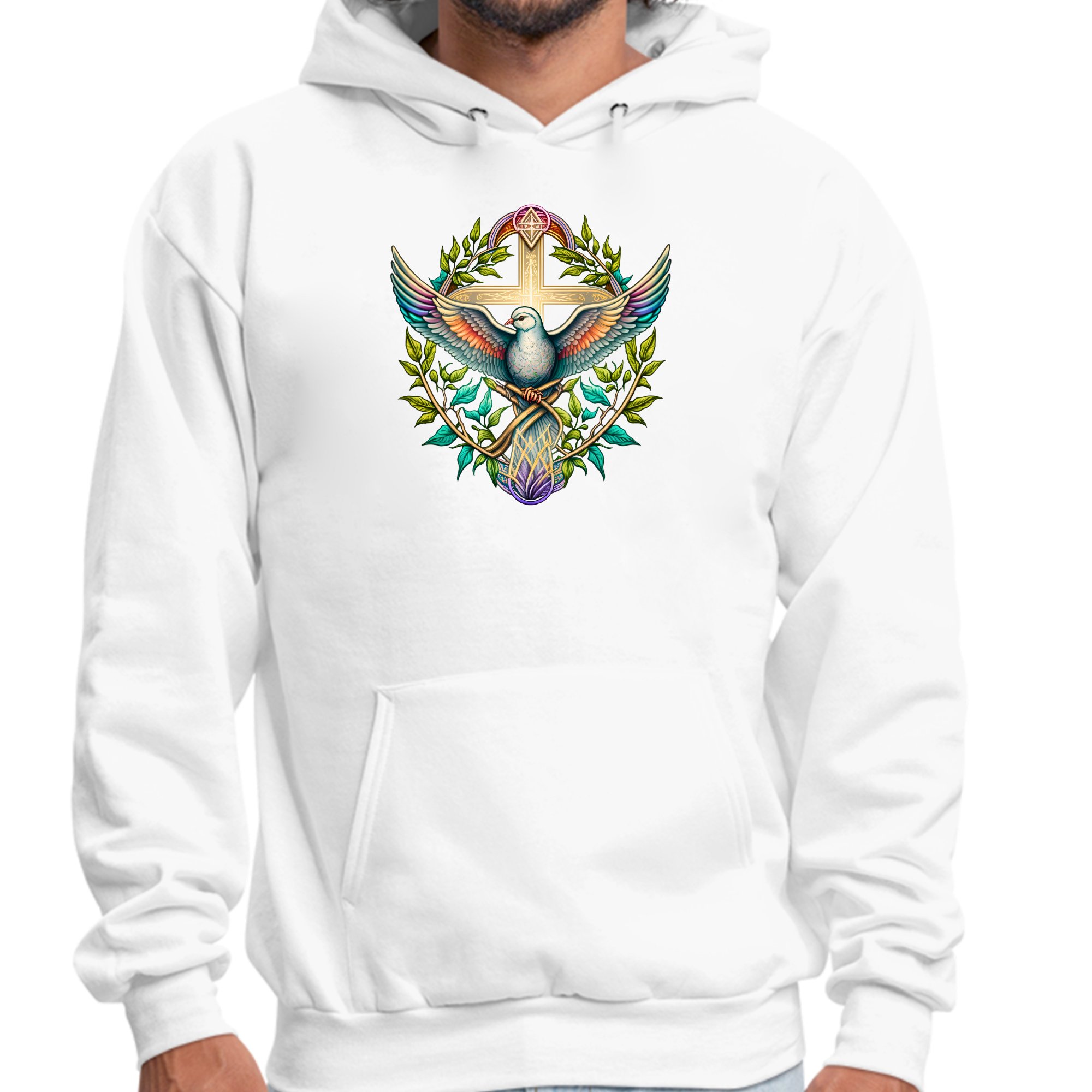 Men's graphic hoodie featuring a blue-green multicolor dove floral illustration, perfect for casual wear.