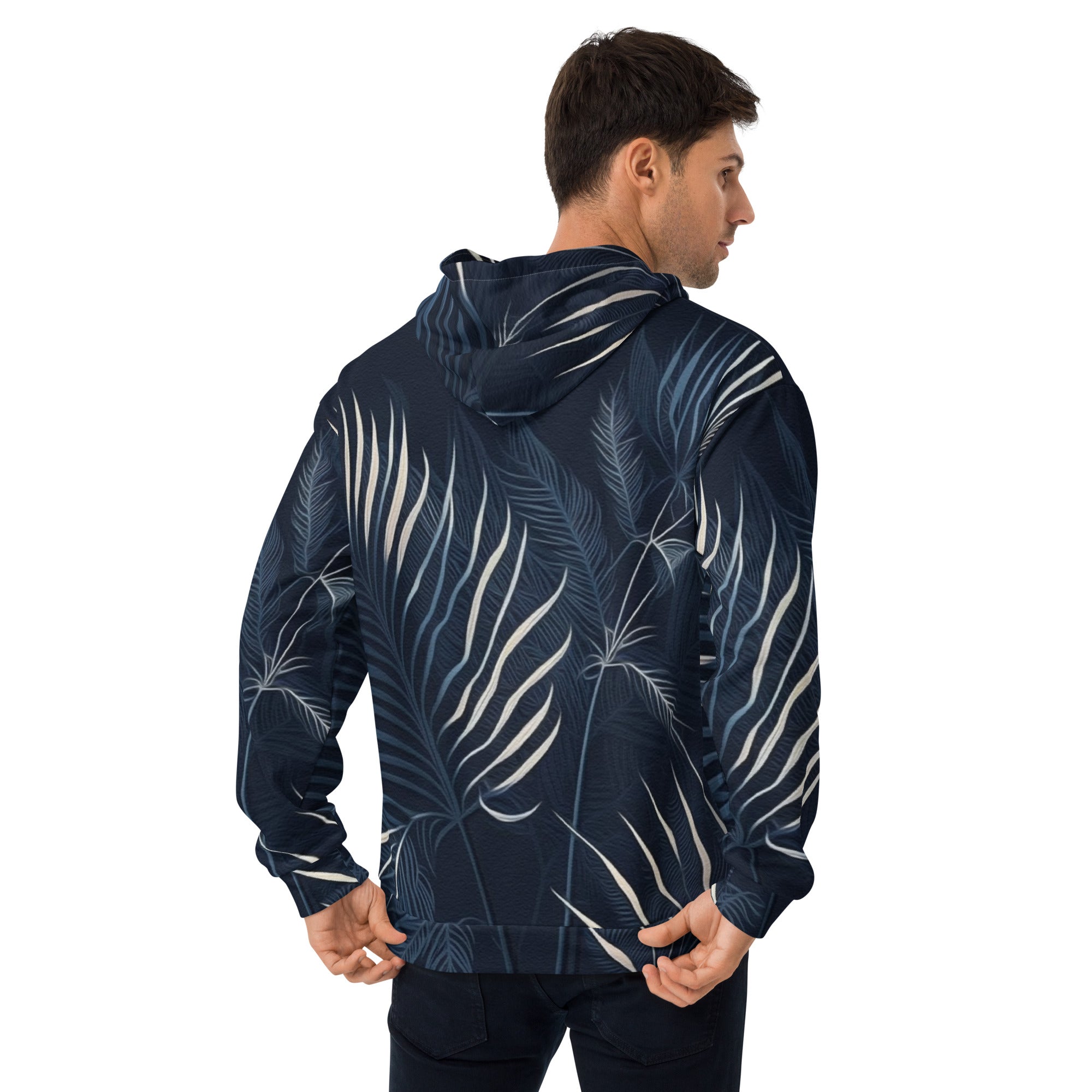 Mens Graphic Hoodie in blue and white featuring palm leaves design, showcasing a stylish and comfortable fit with a double-lined hood.