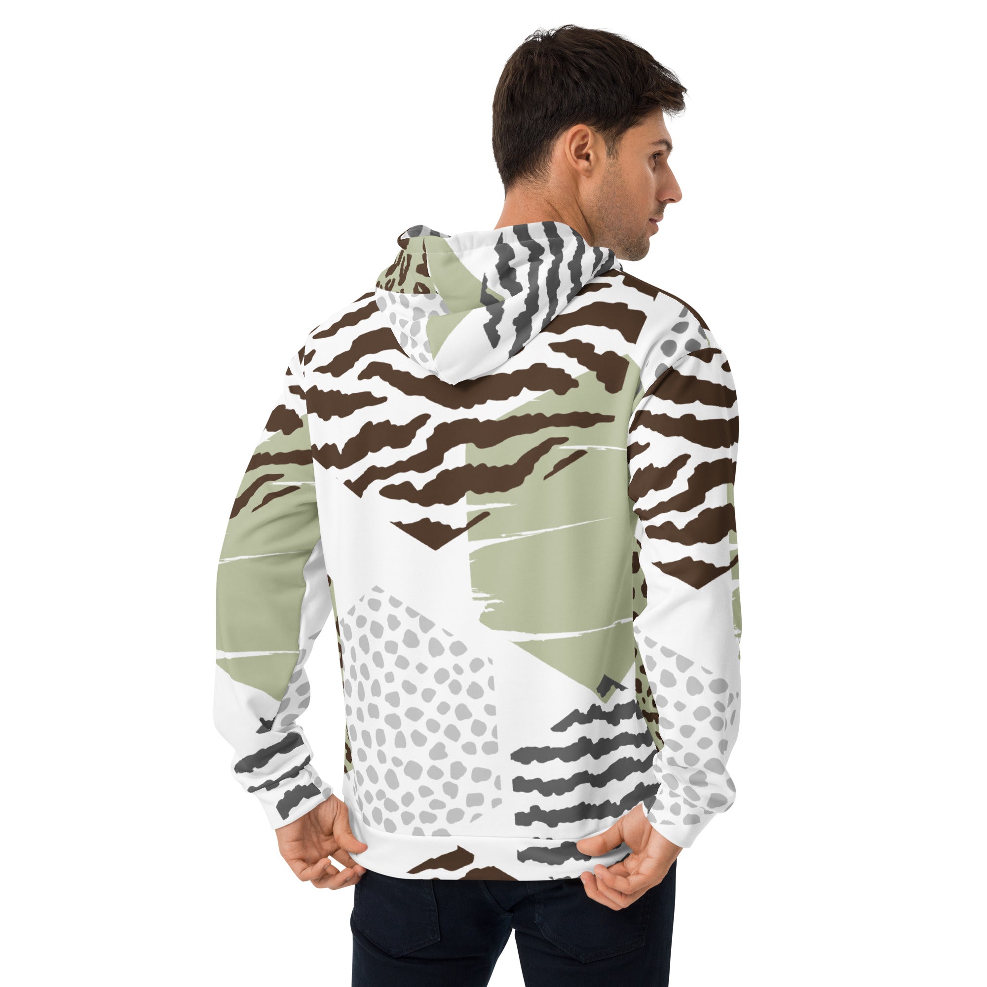 Men's Graphic Hoodie in brown and green with geometric hexagon print, showcasing a stylish design and comfortable fit.