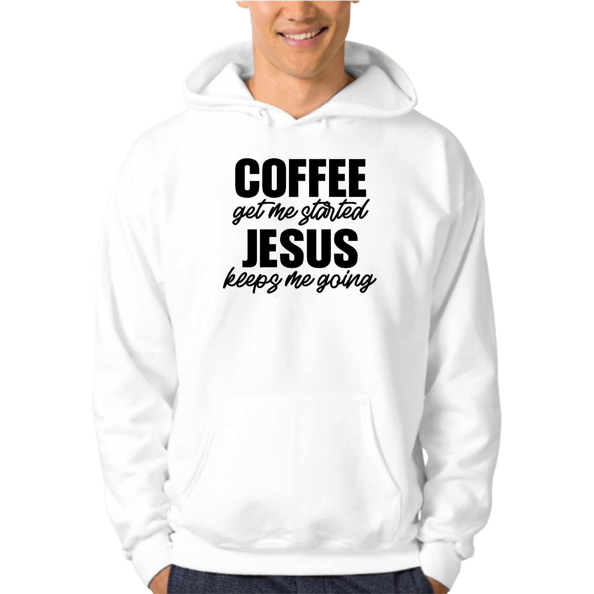 Men's graphic hoodie featuring the text 'Coffee Get me Started, Jesus Keeps me Going' in a stylish design.
