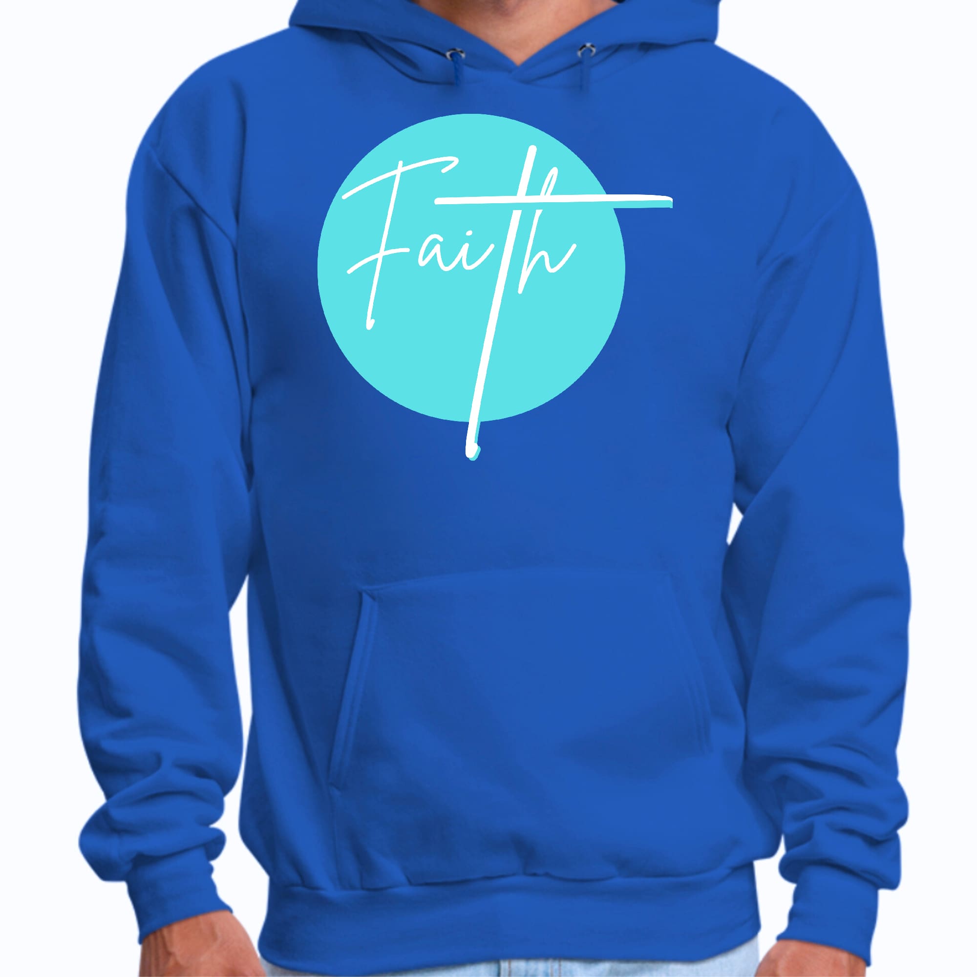 Men's Graphic Hoodie in Cyan Blue featuring Christian affirmation design, showcasing a comfortable and stylish fit.