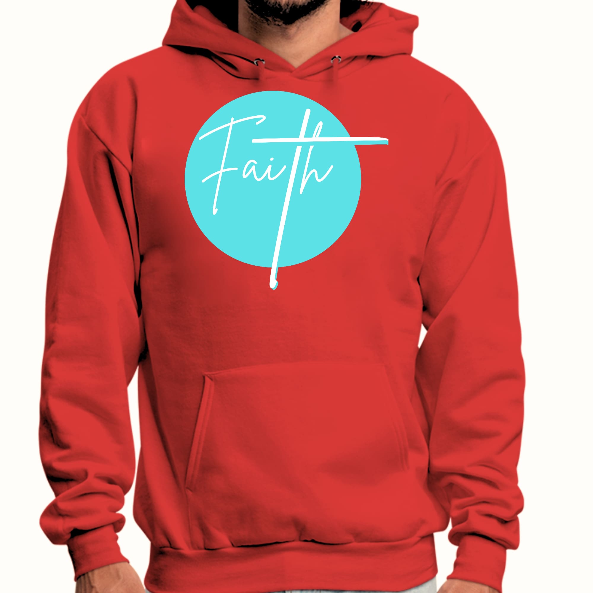 Men's Graphic Hoodie in Cyan Blue featuring Christian affirmation design, showcasing a comfortable and stylish fit.