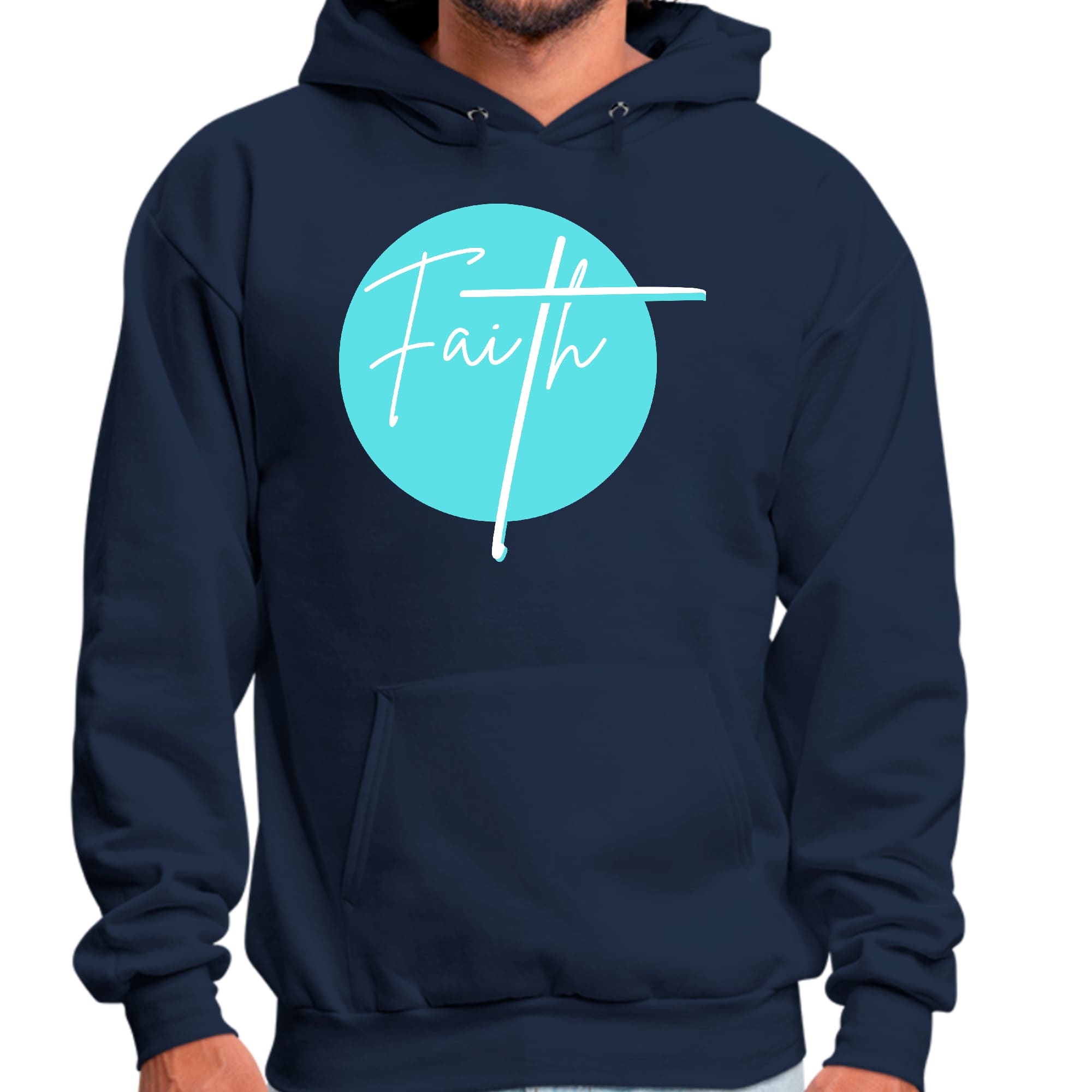 Men's Graphic Hoodie in Cyan Blue featuring Christian affirmation design, showcasing a comfortable and stylish fit.