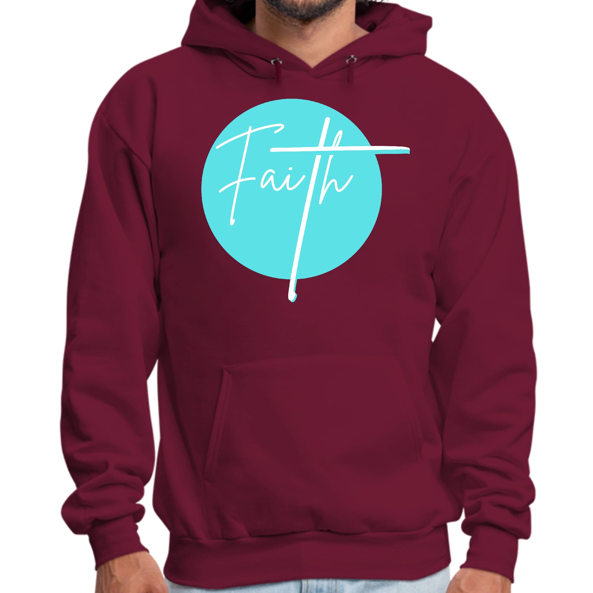 Men's Graphic Hoodie in Cyan Blue featuring Christian affirmation design, showcasing a comfortable and stylish fit.