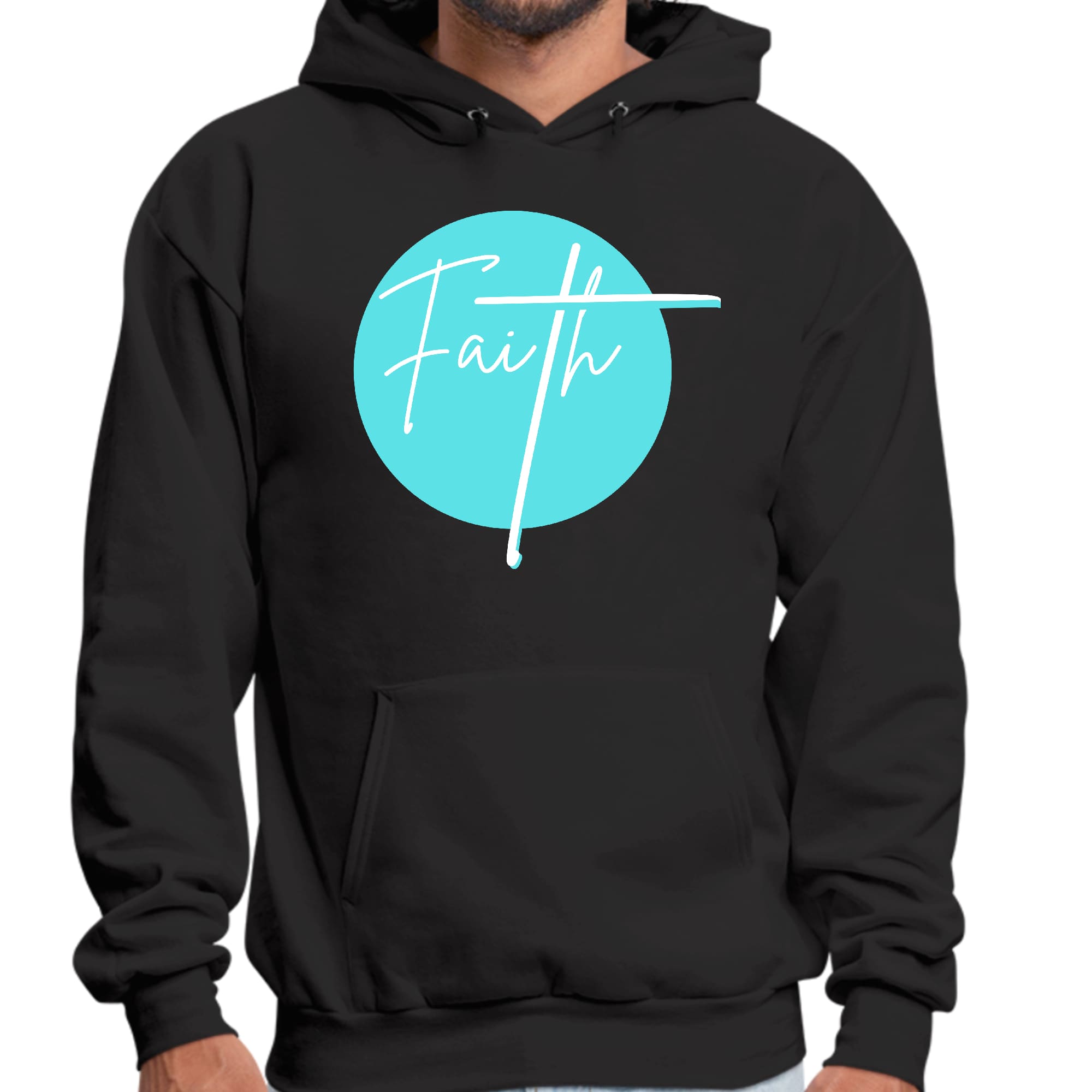 Men's Graphic Hoodie in Cyan Blue featuring Christian affirmation design, showcasing a comfortable and stylish fit.