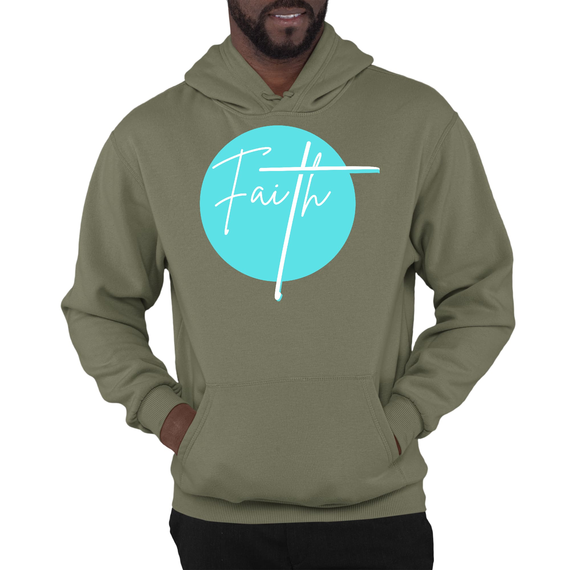 Men's Graphic Hoodie in Cyan Blue featuring Christian affirmation design, showcasing a comfortable and stylish fit.