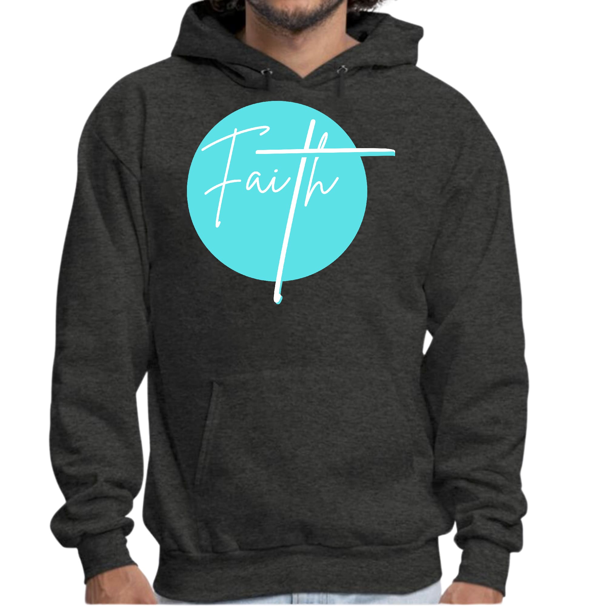 Men's Graphic Hoodie in Cyan Blue featuring Christian affirmation design, showcasing a comfortable and stylish fit.