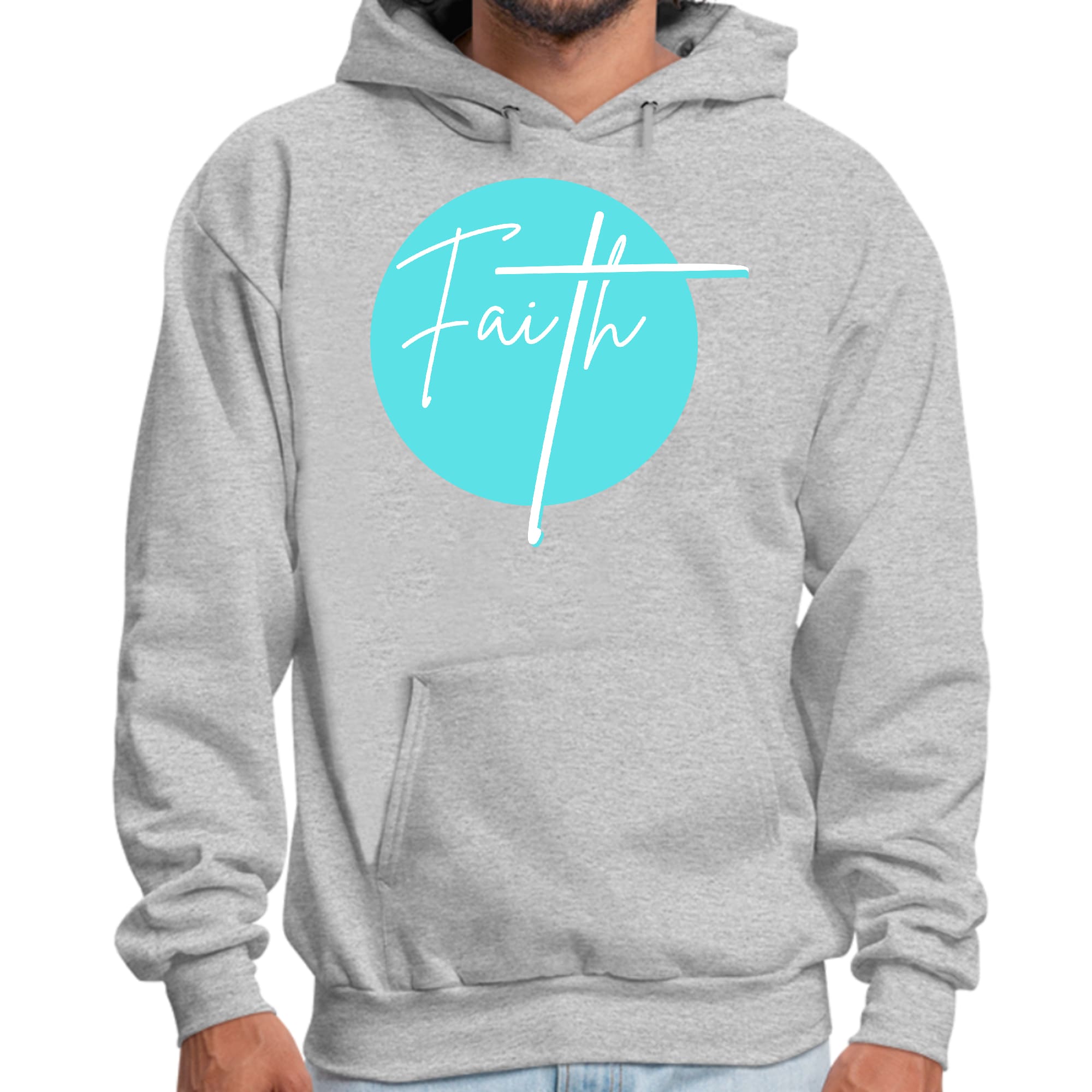 Men's Graphic Hoodie in Cyan Blue featuring Christian affirmation design, showcasing a comfortable and stylish fit.