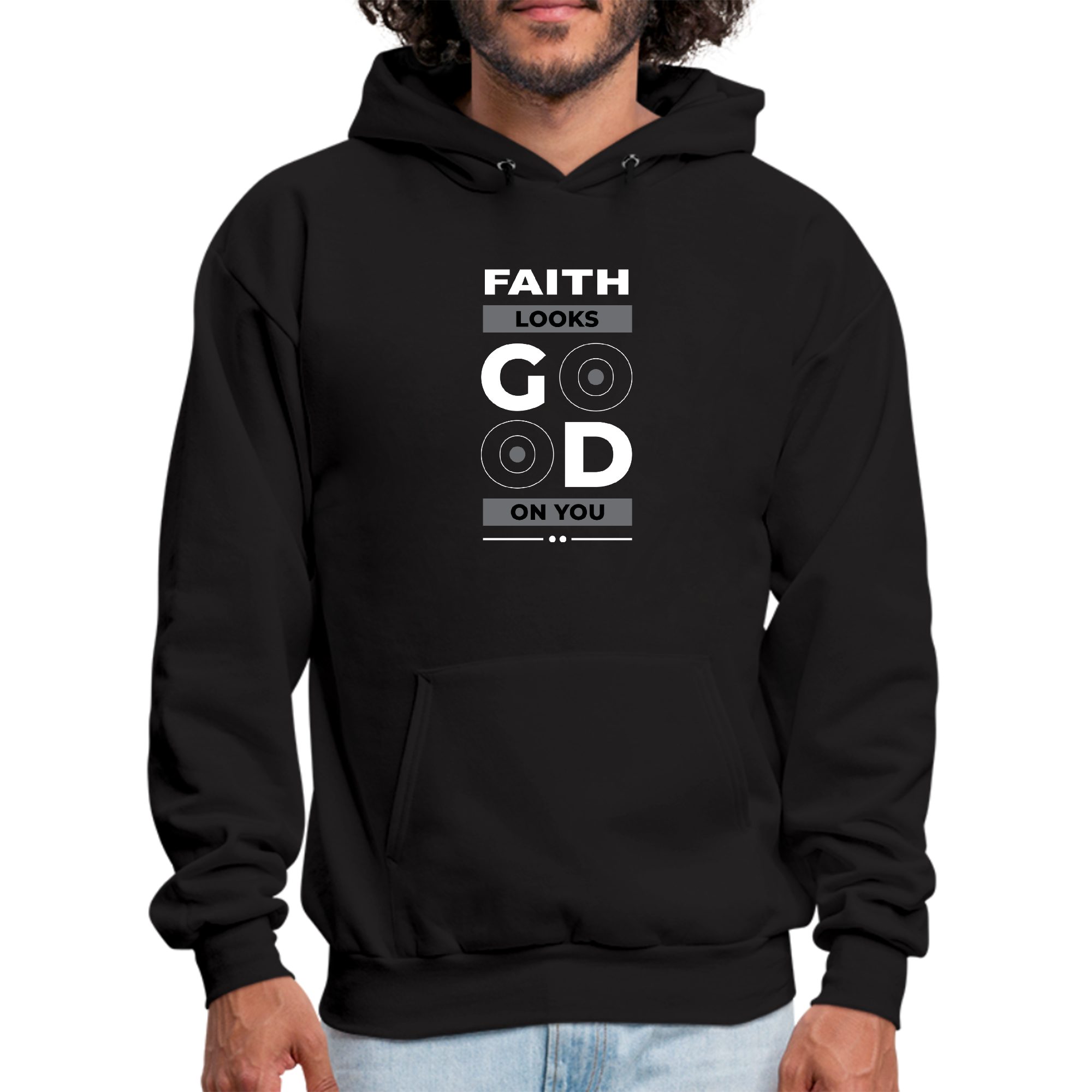 Mens Graphic Hoodie featuring the phrase 'Faith Looks Good' in a stylish design, made from soft cotton and polyester blend.
