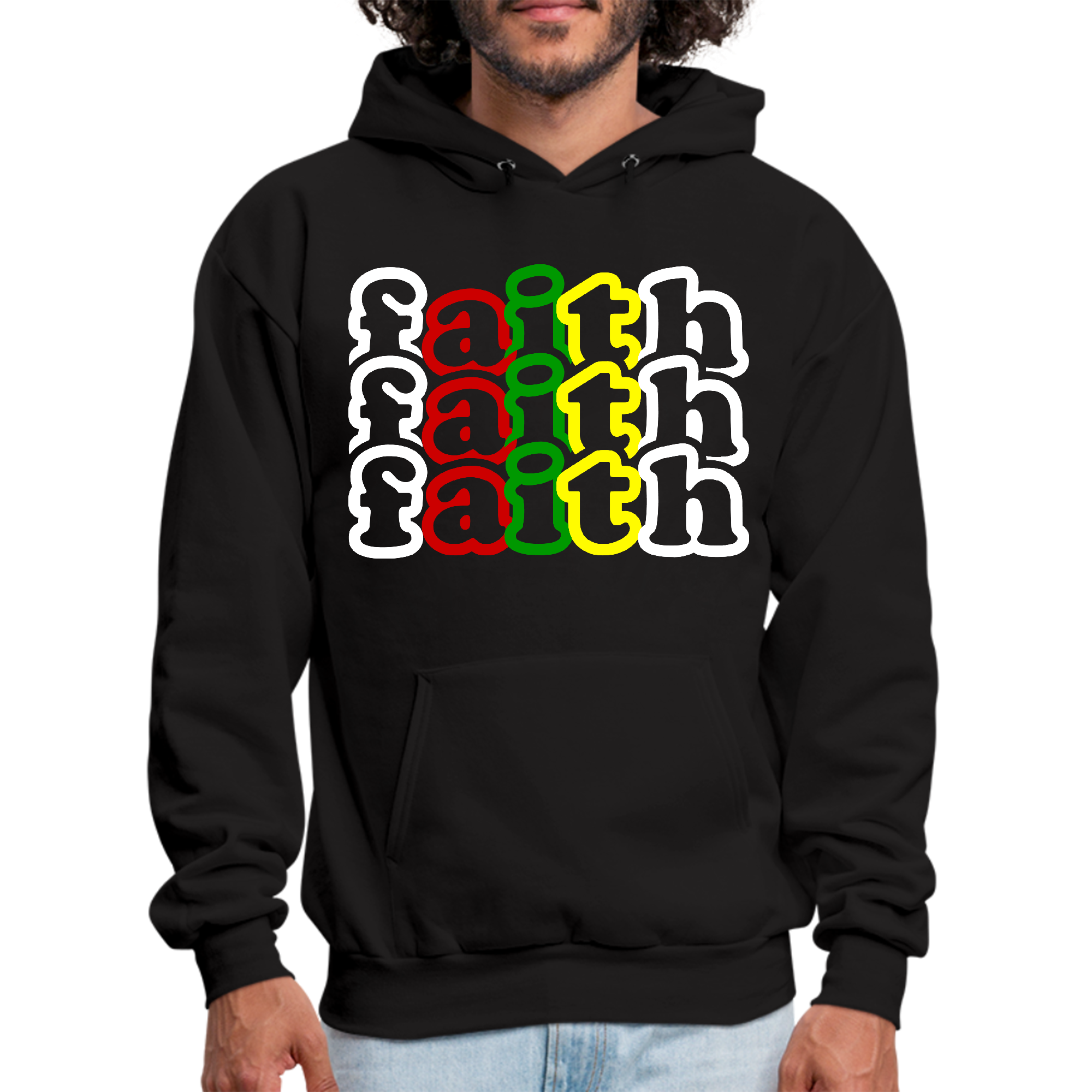 Men's Graphic Hoodie featuring a multicolor Faith stack illustration, showcasing a stylish and inspirational design.