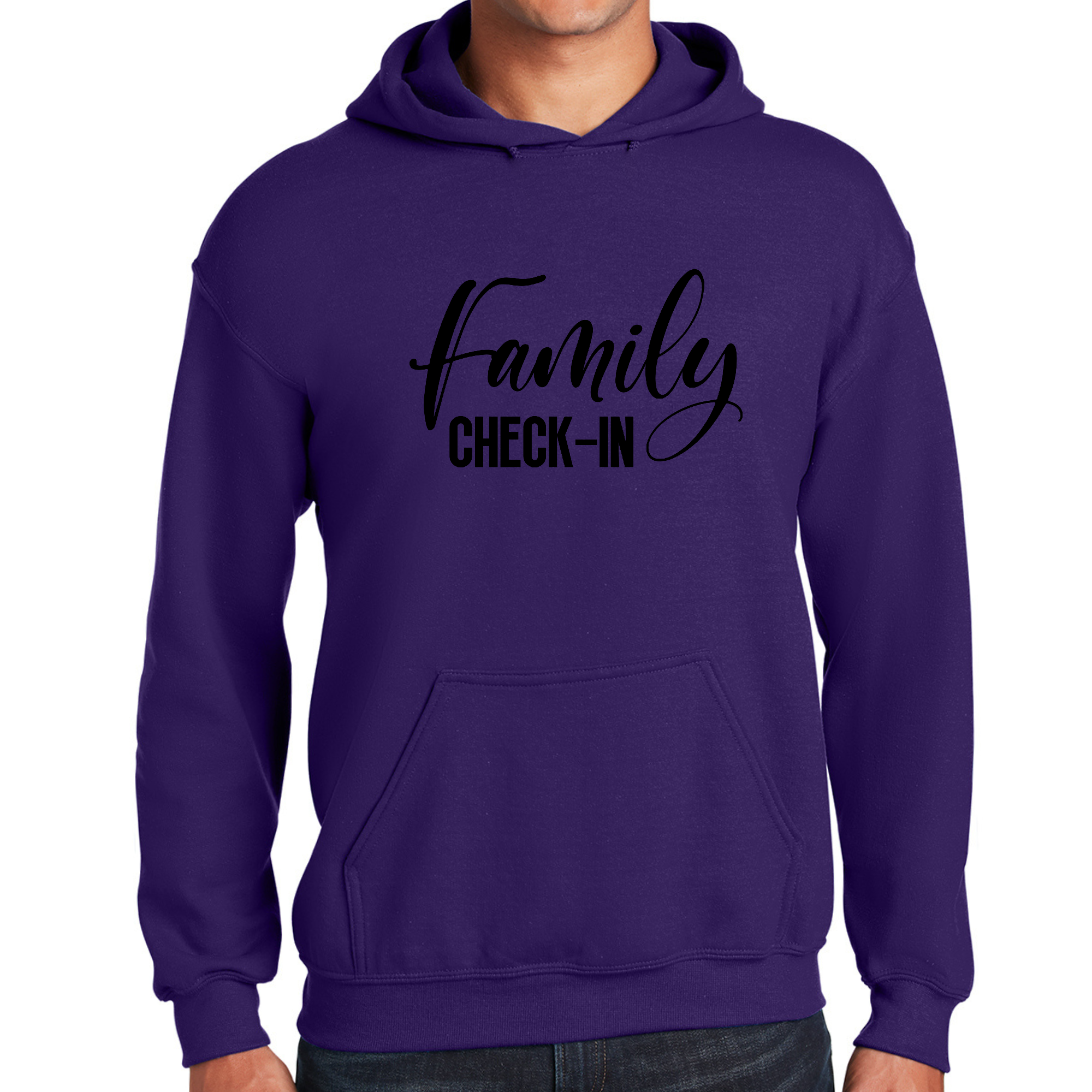 Men's graphic hoodie with Family Check-in illustration in black print, showcasing a comfortable and stylish design.