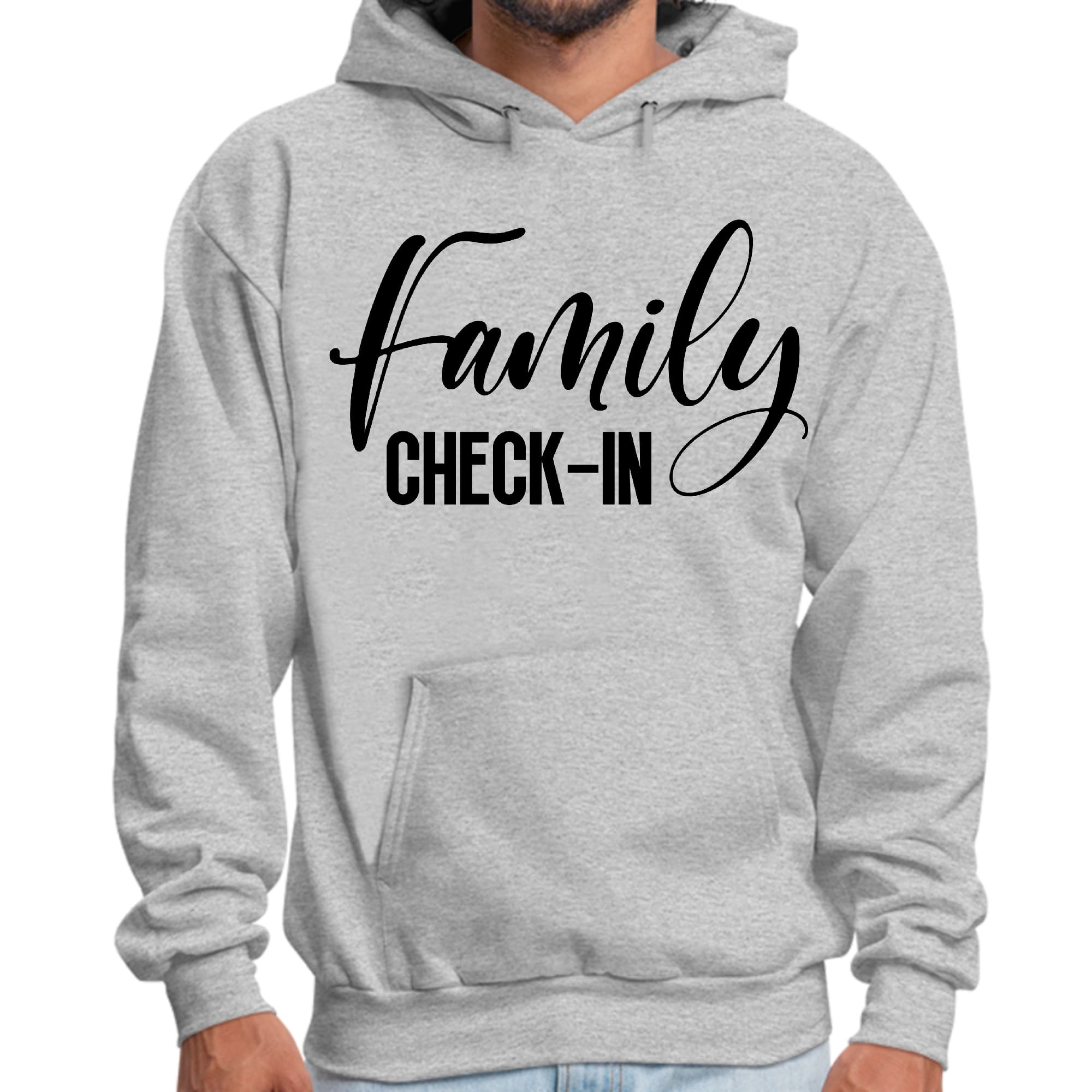 Men's graphic hoodie with Family Check-in illustration in black print, showcasing a comfortable and stylish design.