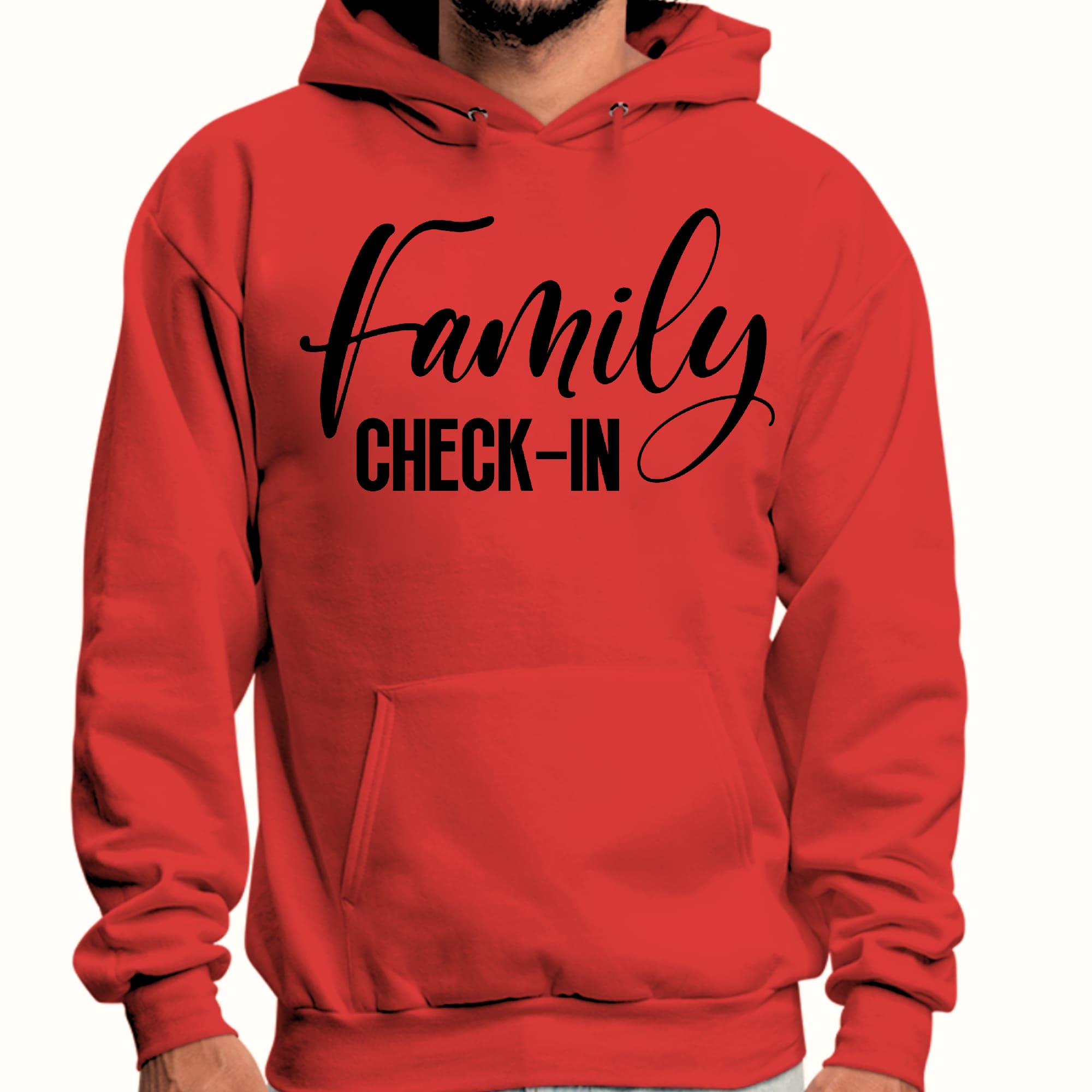 Men's graphic hoodie with Family Check-in illustration in black print, showcasing a comfortable and stylish design.