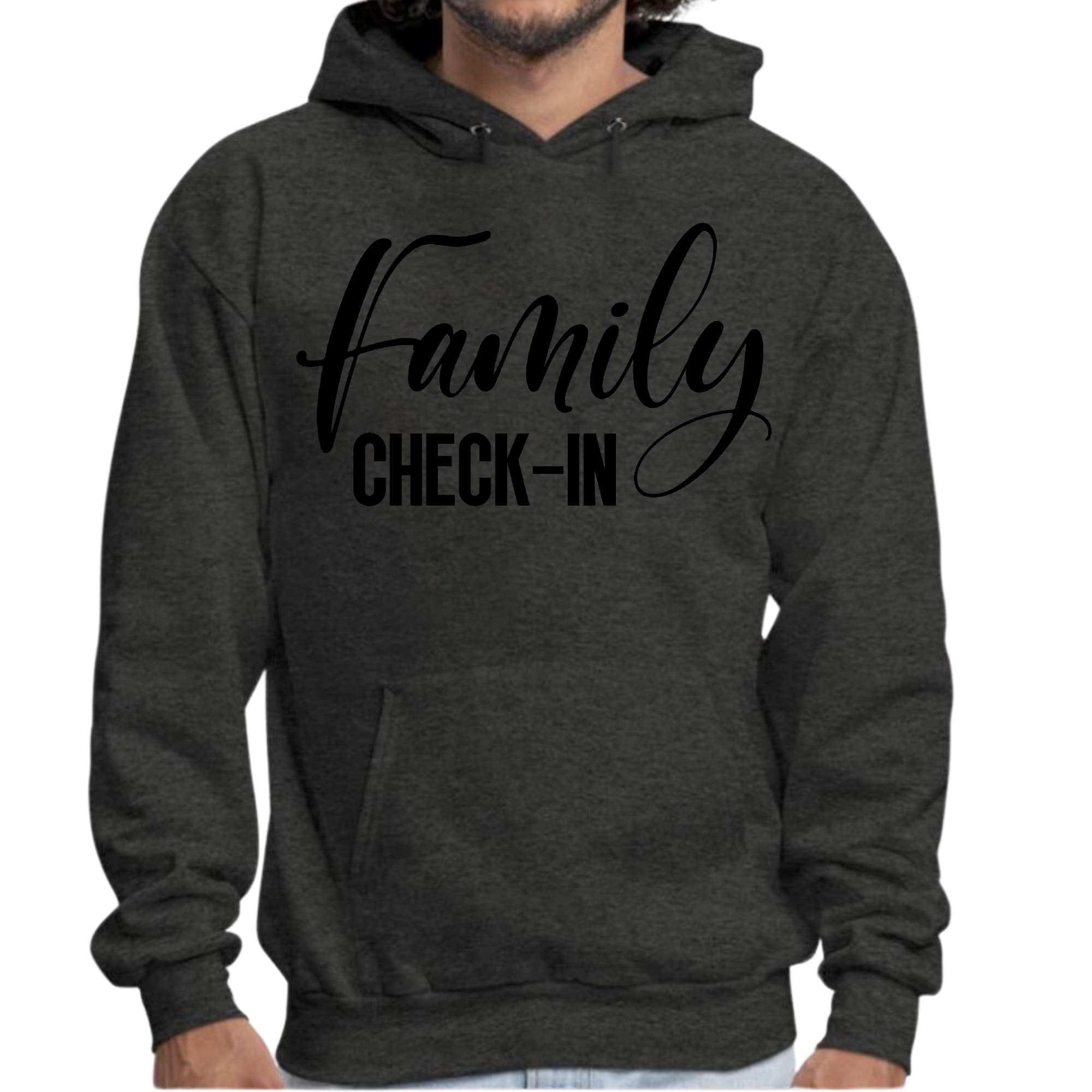 Men's graphic hoodie with Family Check-in illustration in black print, showcasing a comfortable and stylish design.