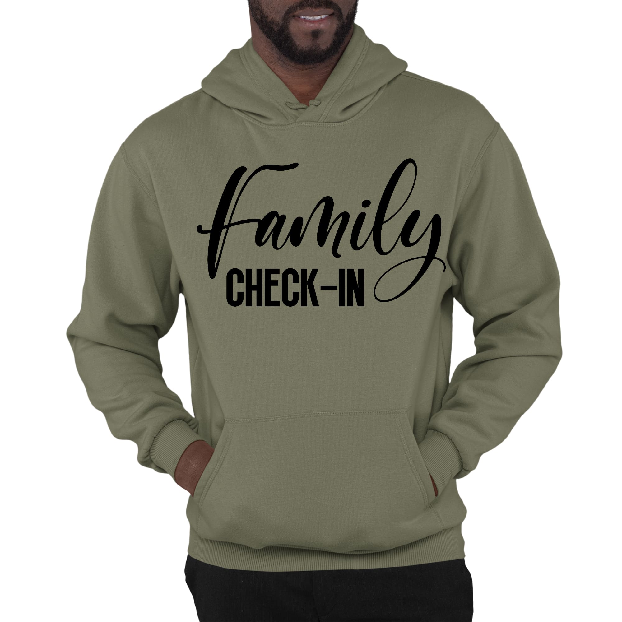 Men's graphic hoodie with Family Check-in illustration in black print, showcasing a comfortable and stylish design.