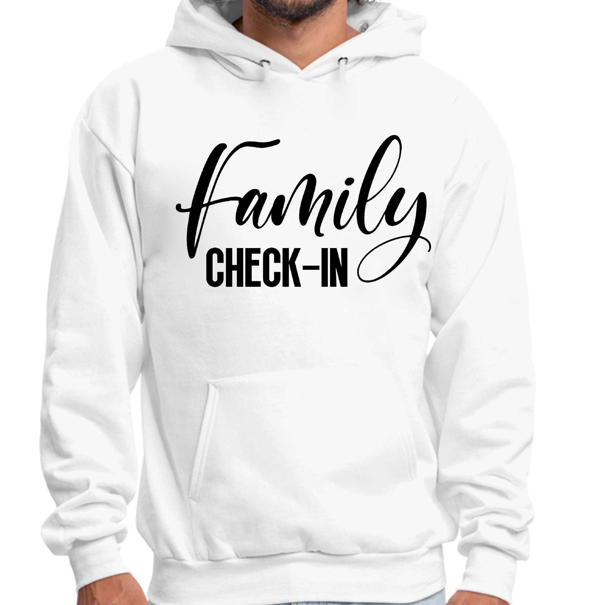 Men's graphic hoodie with Family Check-in illustration in black print, showcasing a comfortable and stylish design.