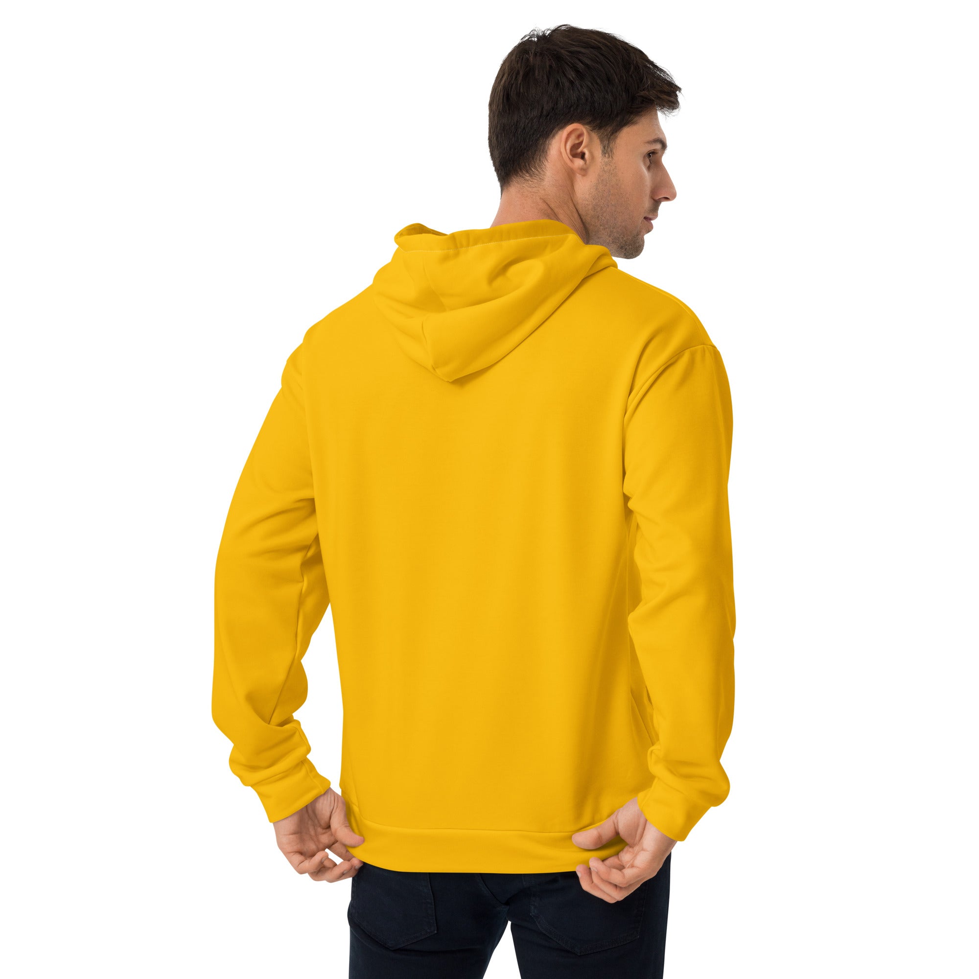 Mens Graphic Hoodie in Golden Yellow featuring dynamic all-over print and double-lined hood, perfect for stylish comfort.