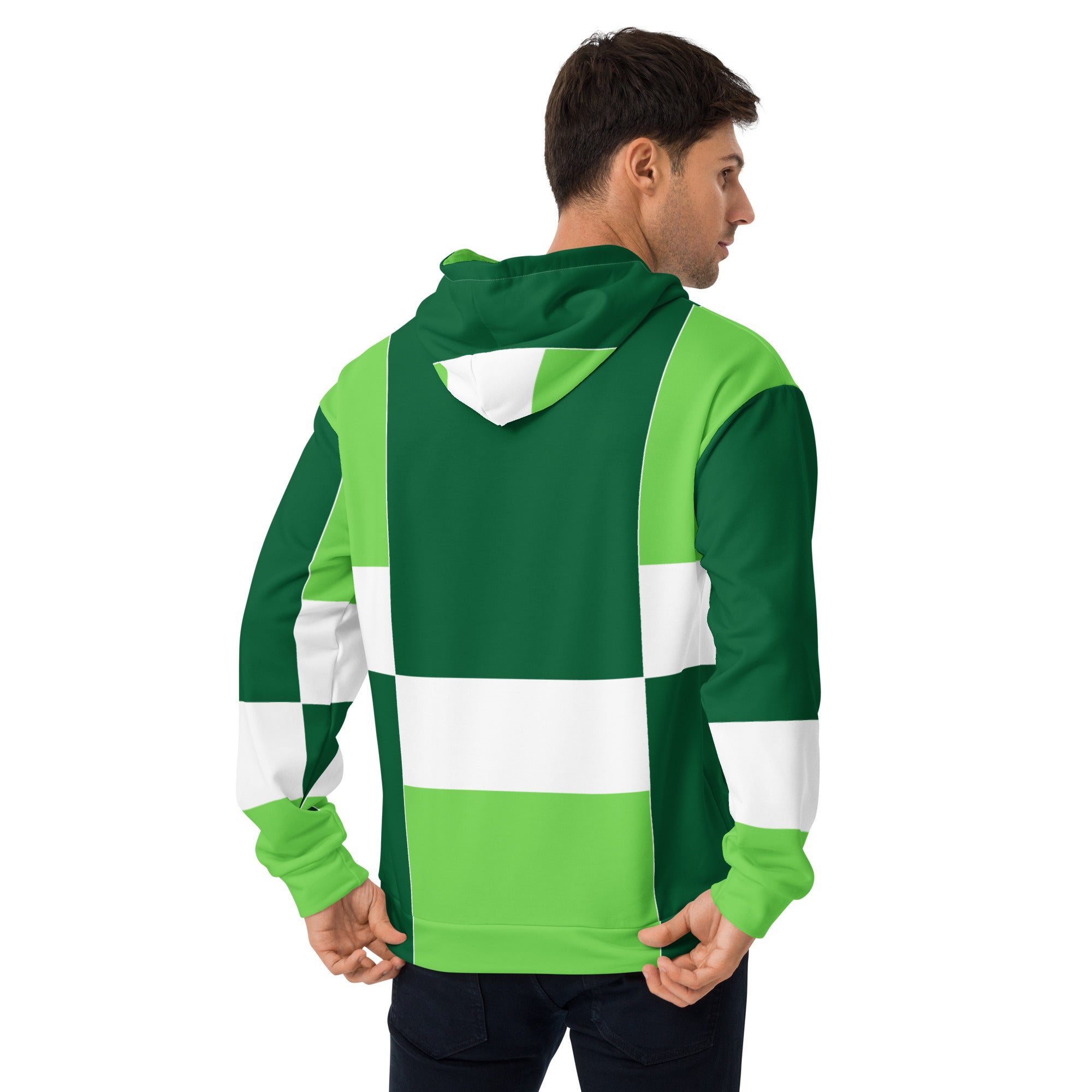 Men's Graphic Hoodie in Green and White Colorblock featuring grid lines, double-lined hood, and front pouch pocket.