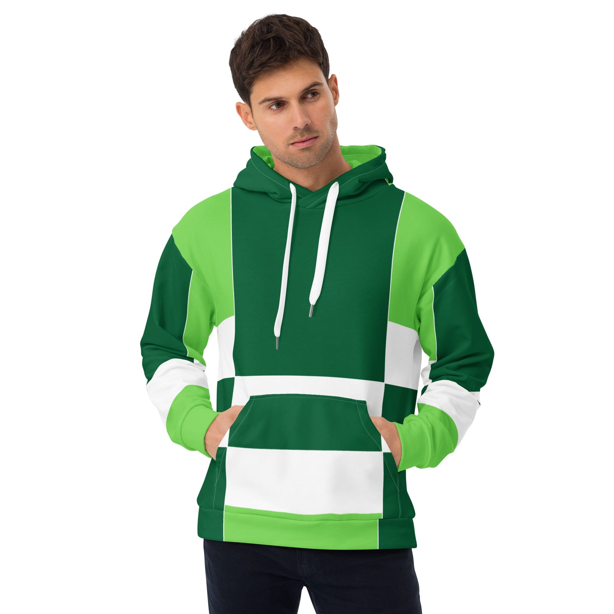 Men's Graphic Hoodie in Green and White Colorblock featuring grid lines, double-lined hood, and front pouch pocket.