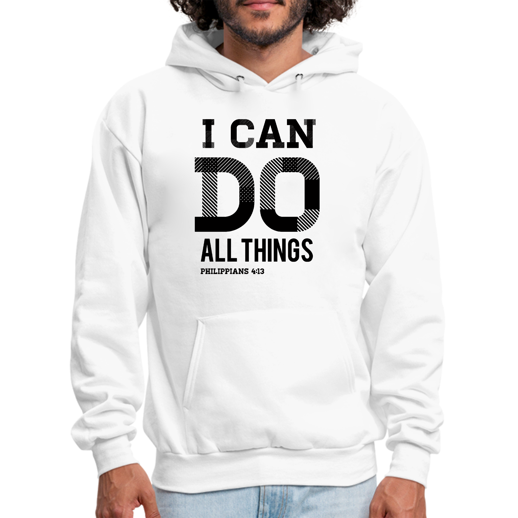 Men's black graphic hoodie featuring Philippians 4:13 scripture print, showcasing a comfortable and stylish design.