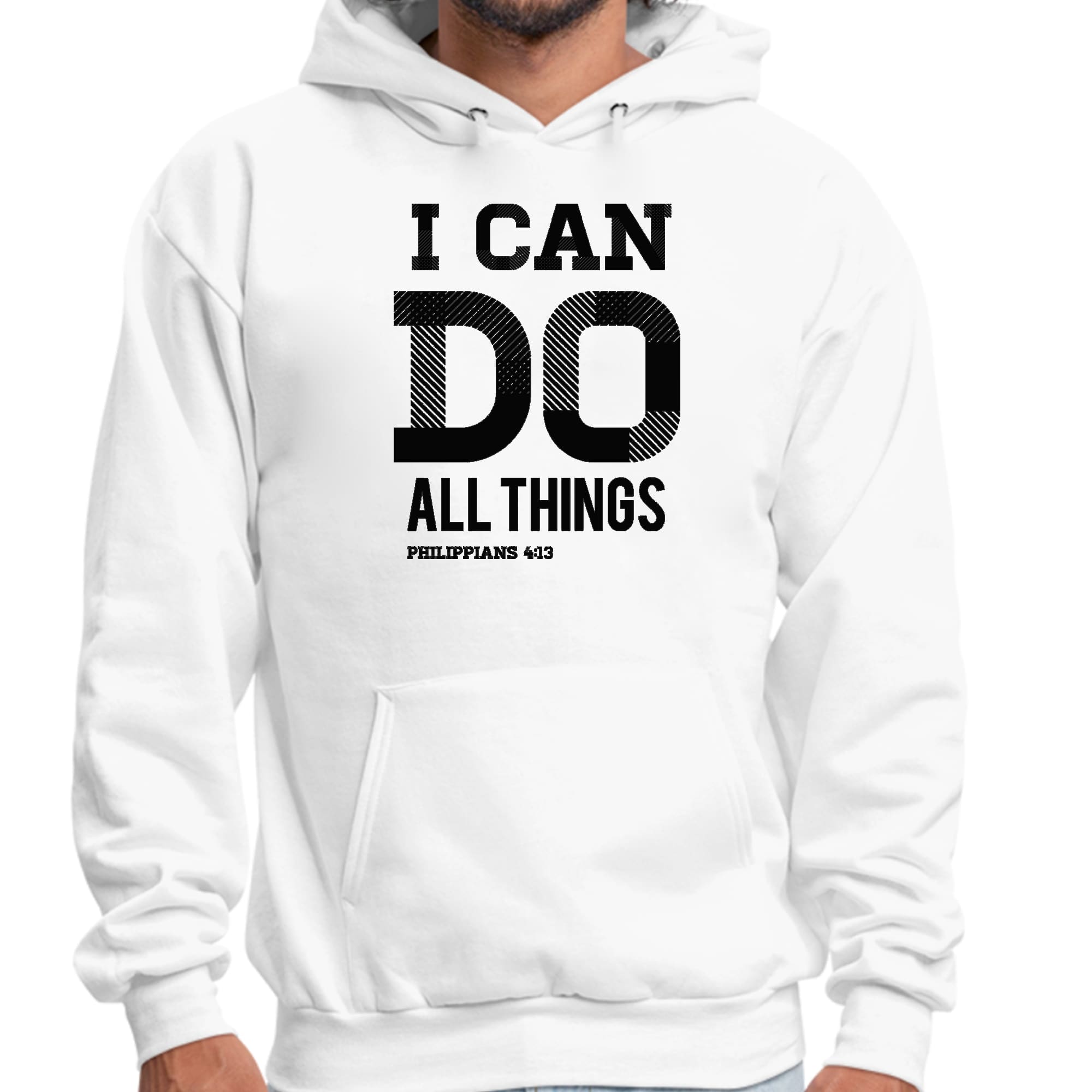 Men's black graphic hoodie featuring Philippians 4:13 scripture print, showcasing a comfortable and stylish design.