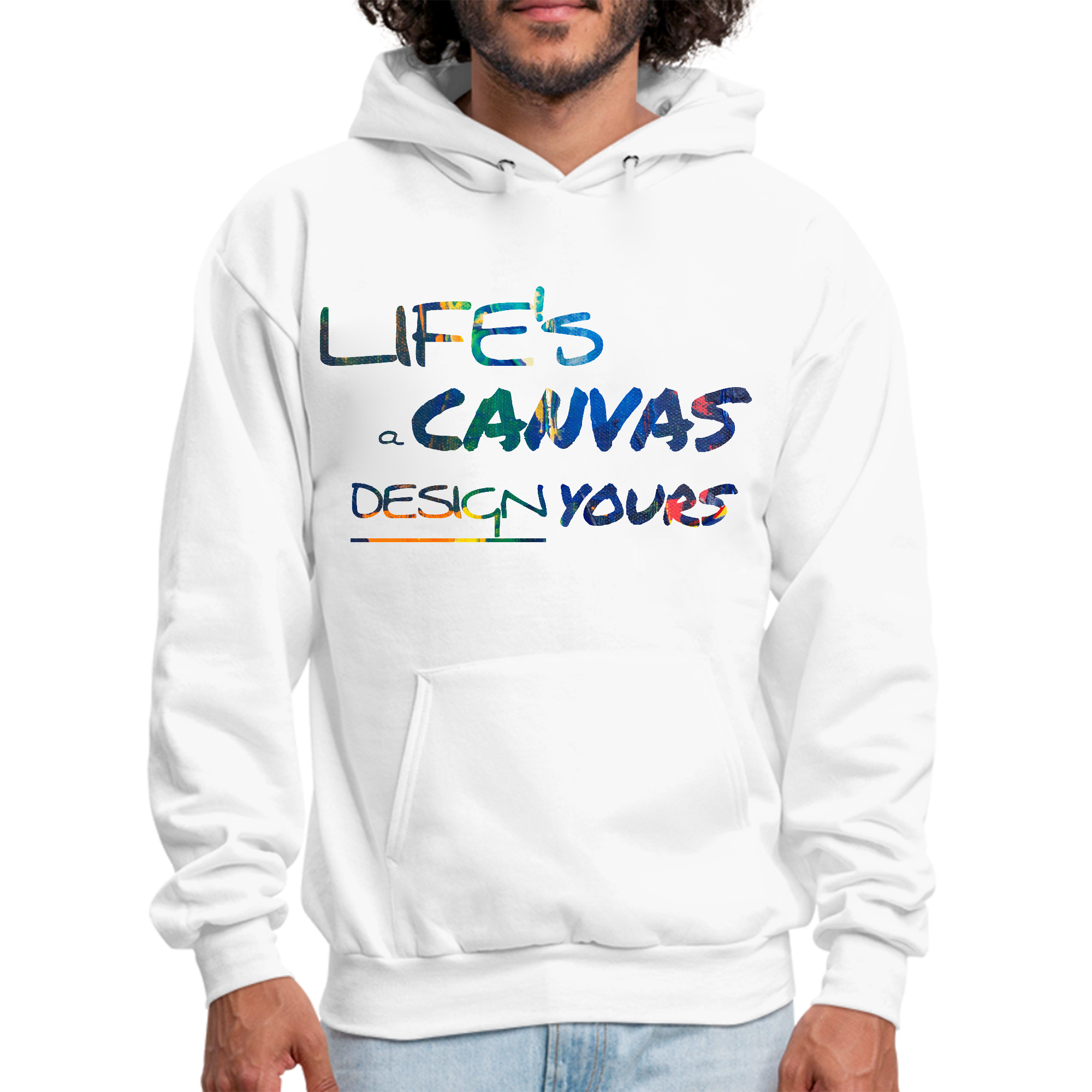 Mens Graphic Hoodie featuring Life’s a Canvas design in multicolor, showcasing a comfortable fit and stylish drawstring neckline.