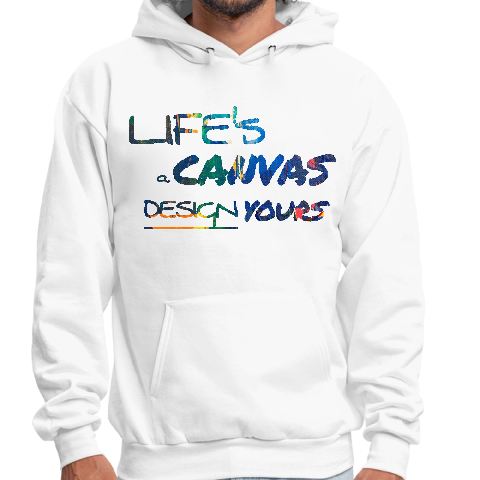 Mens Graphic Hoodie featuring Life’s a Canvas design in multicolor, showcasing a comfortable fit and stylish drawstring neckline.