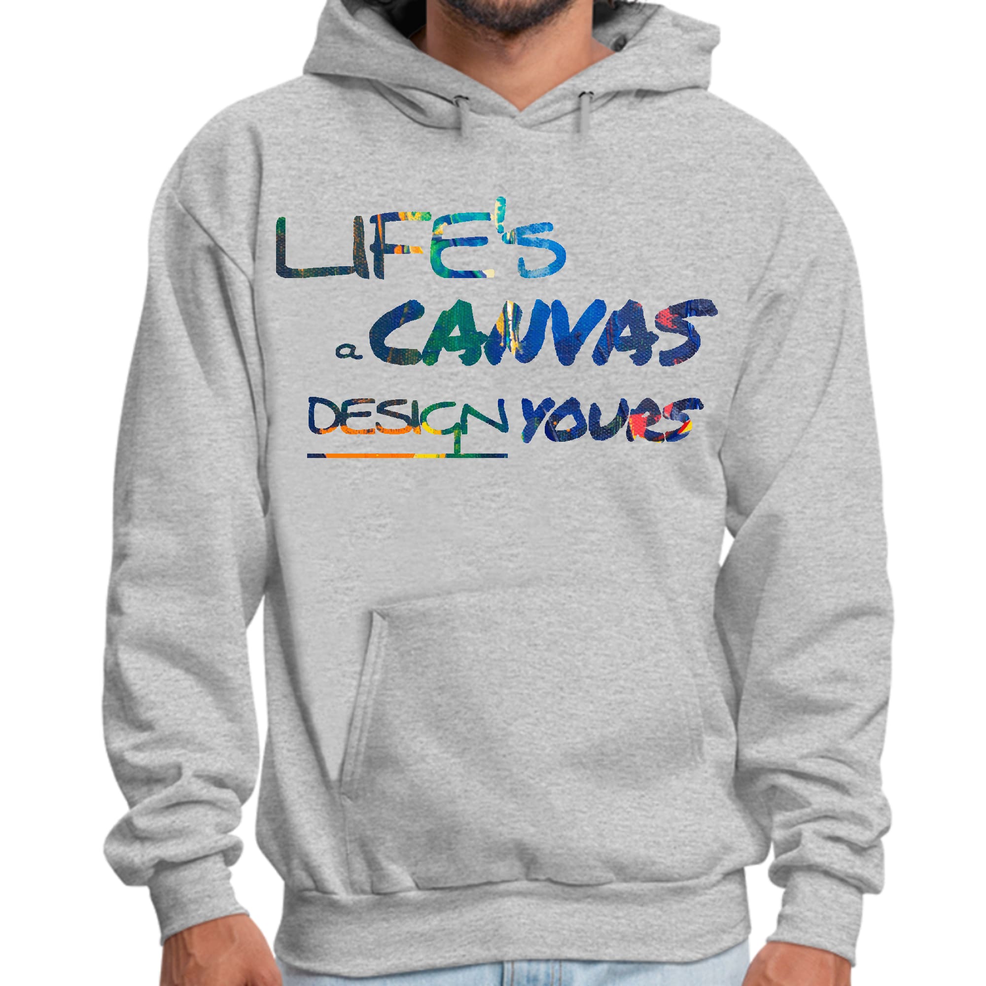 Mens Graphic Hoodie featuring Life’s a Canvas design in multicolor, showcasing a comfortable fit and stylish drawstring neckline.