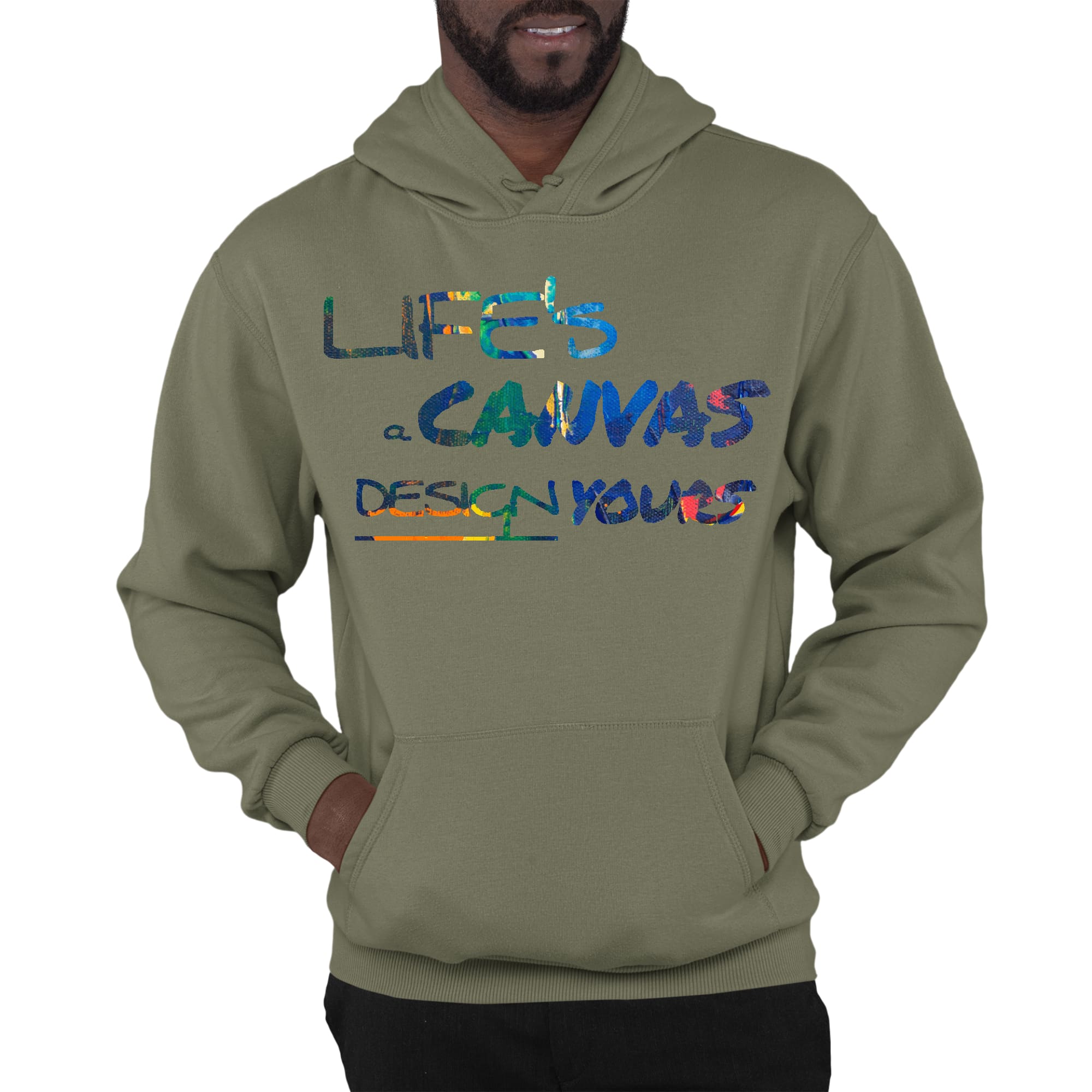 Mens Graphic Hoodie featuring Life’s a Canvas design in multicolor, showcasing a comfortable fit and stylish drawstring neckline.