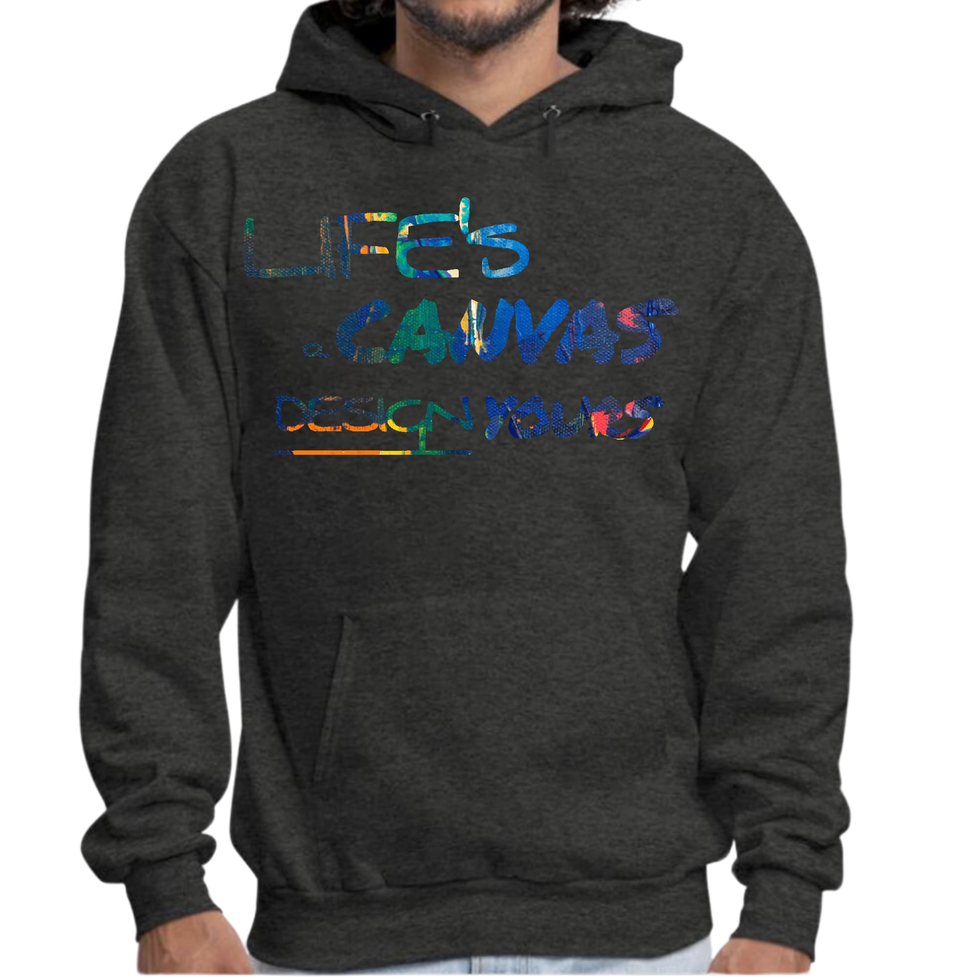 Mens Graphic Hoodie featuring Life’s a Canvas design in multicolor, showcasing a comfortable fit and stylish drawstring neckline.