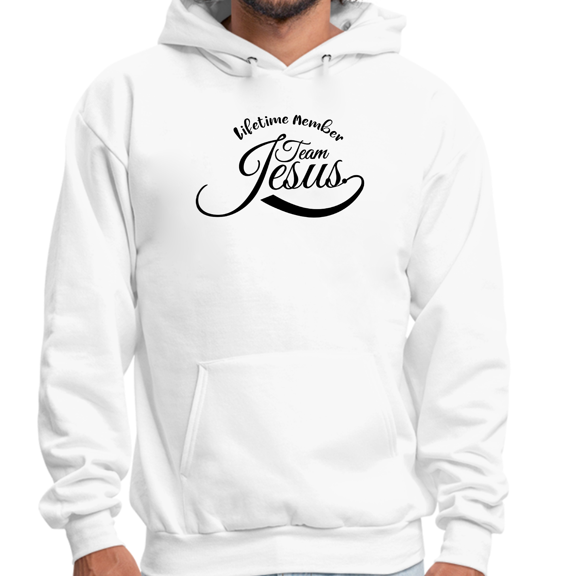 Men's black graphic hoodie featuring Lifetime Member Team Jesus design, showcasing a comfortable fit and stylish look.