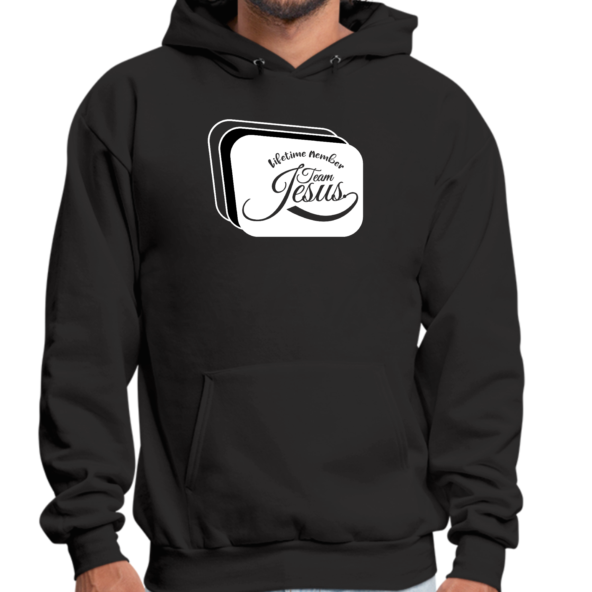Men's Graphic Hoodie featuring Lifetime Member Team Jesus illustration in black and white, showcasing a comfortable and stylish design.