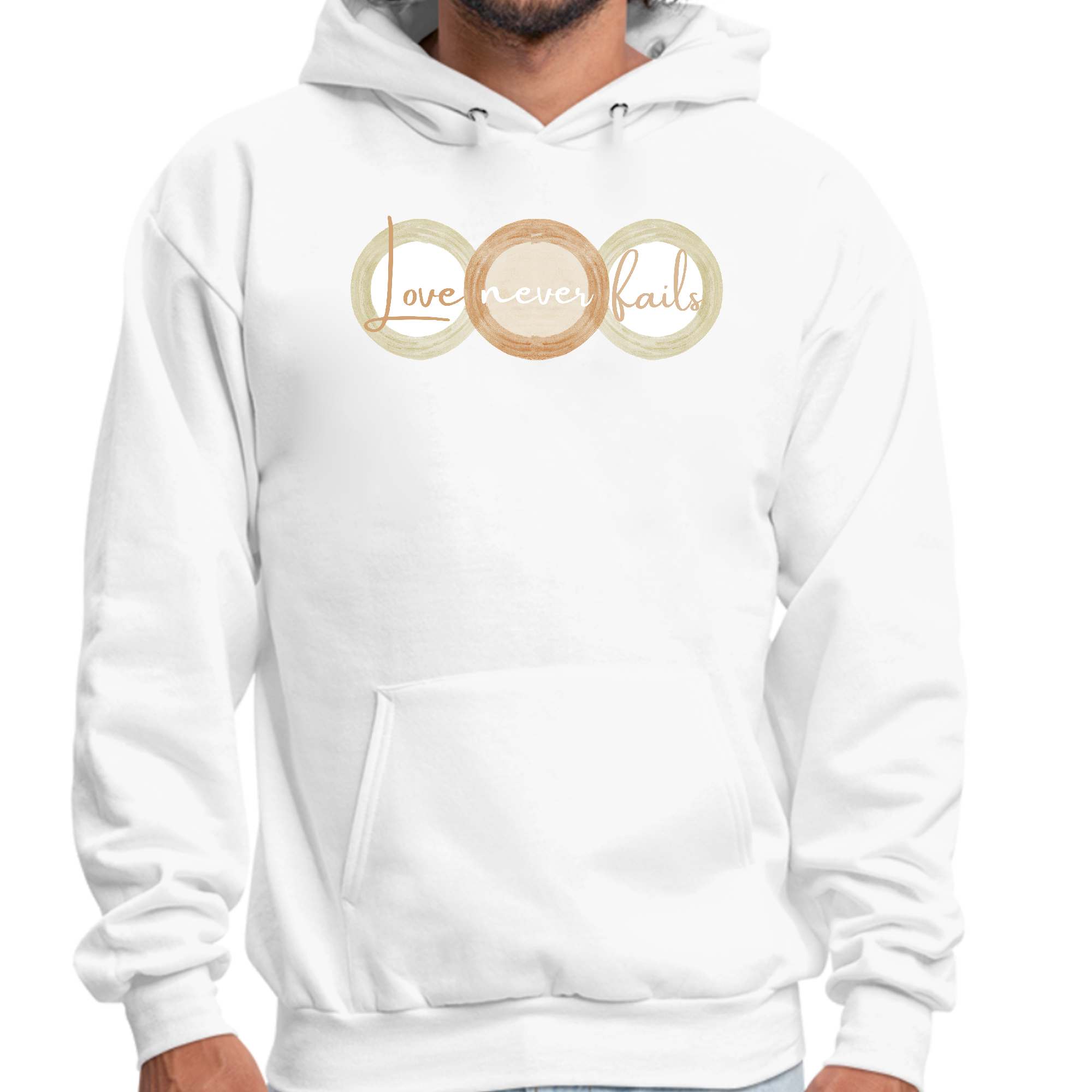 Mens Graphic Hoodie featuring 'Love Never Fails' design in pastel brown, beige, and green circular shapes, showcasing a comfortable fit.