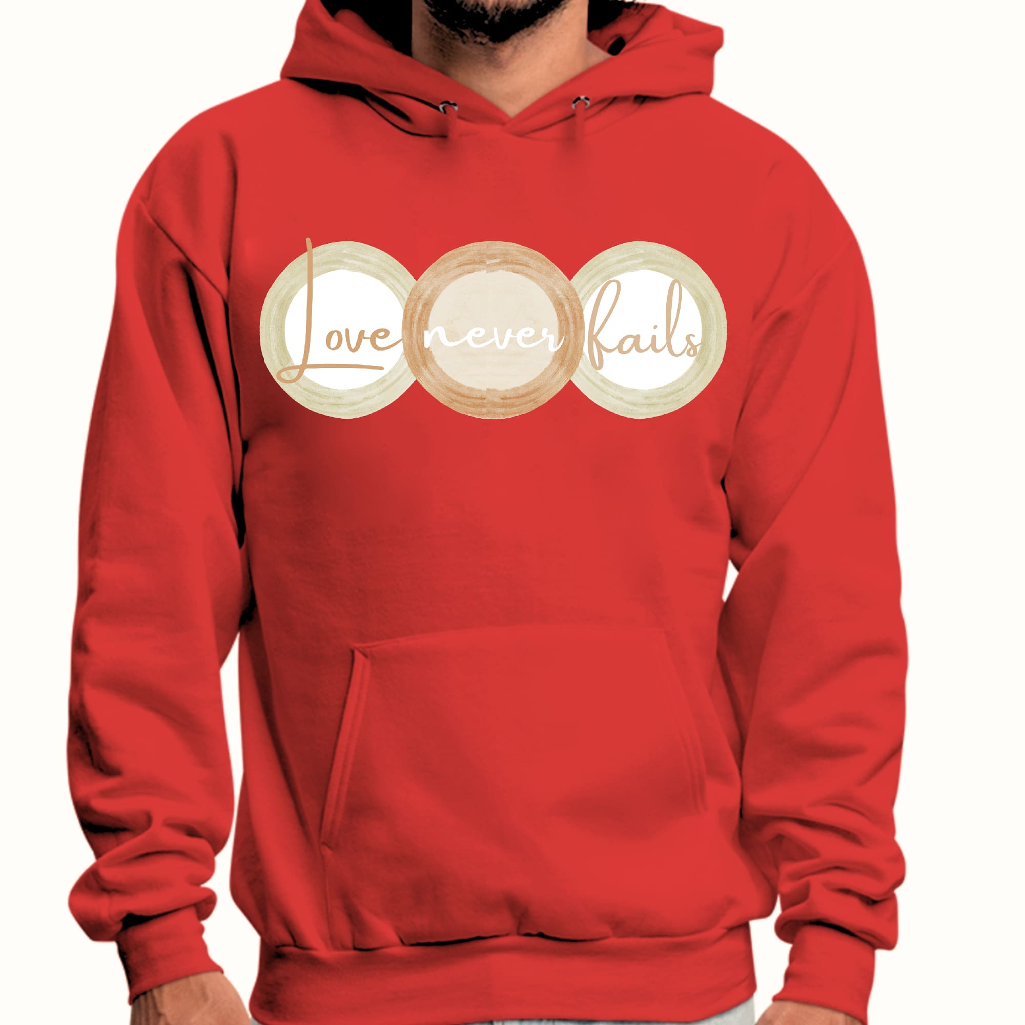 Mens Graphic Hoodie featuring 'Love Never Fails' design in pastel brown, beige, and green circular shapes, showcasing a comfortable fit.