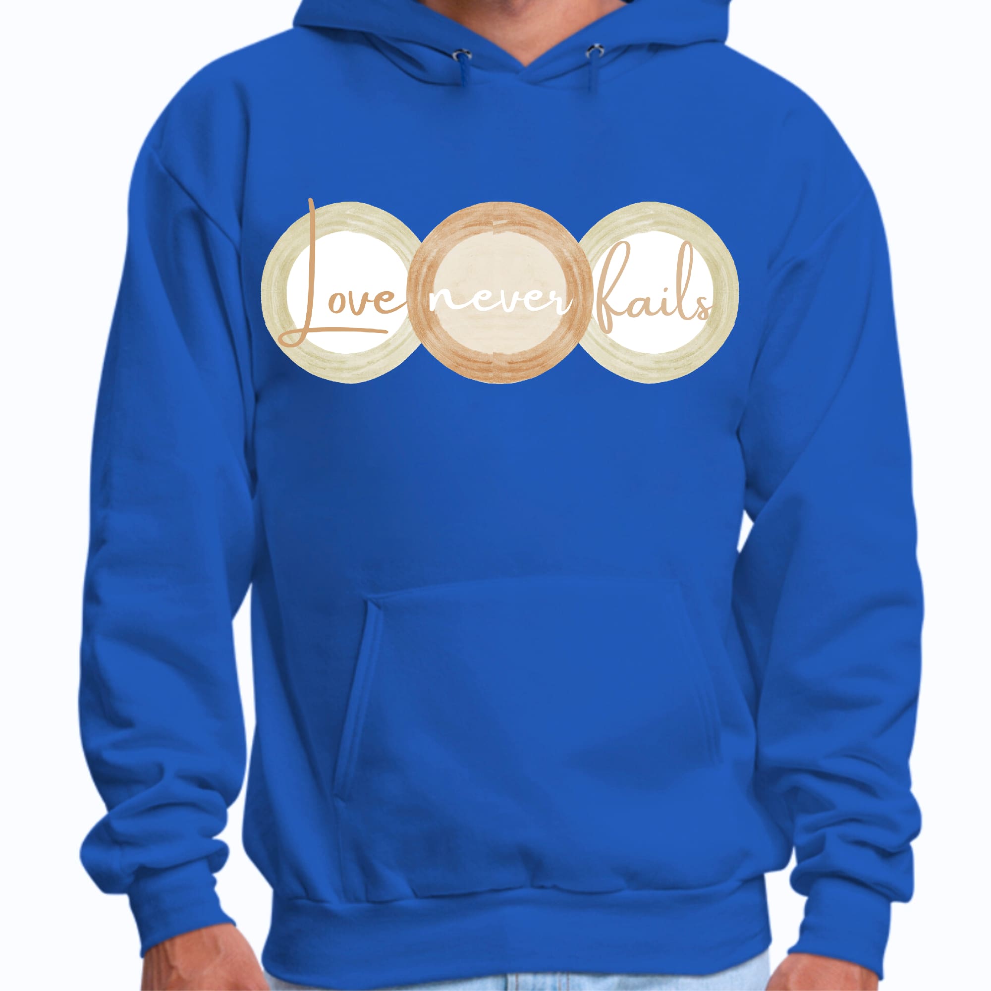 Mens Graphic Hoodie featuring 'Love Never Fails' design in pastel brown, beige, and green circular shapes, showcasing a comfortable fit.