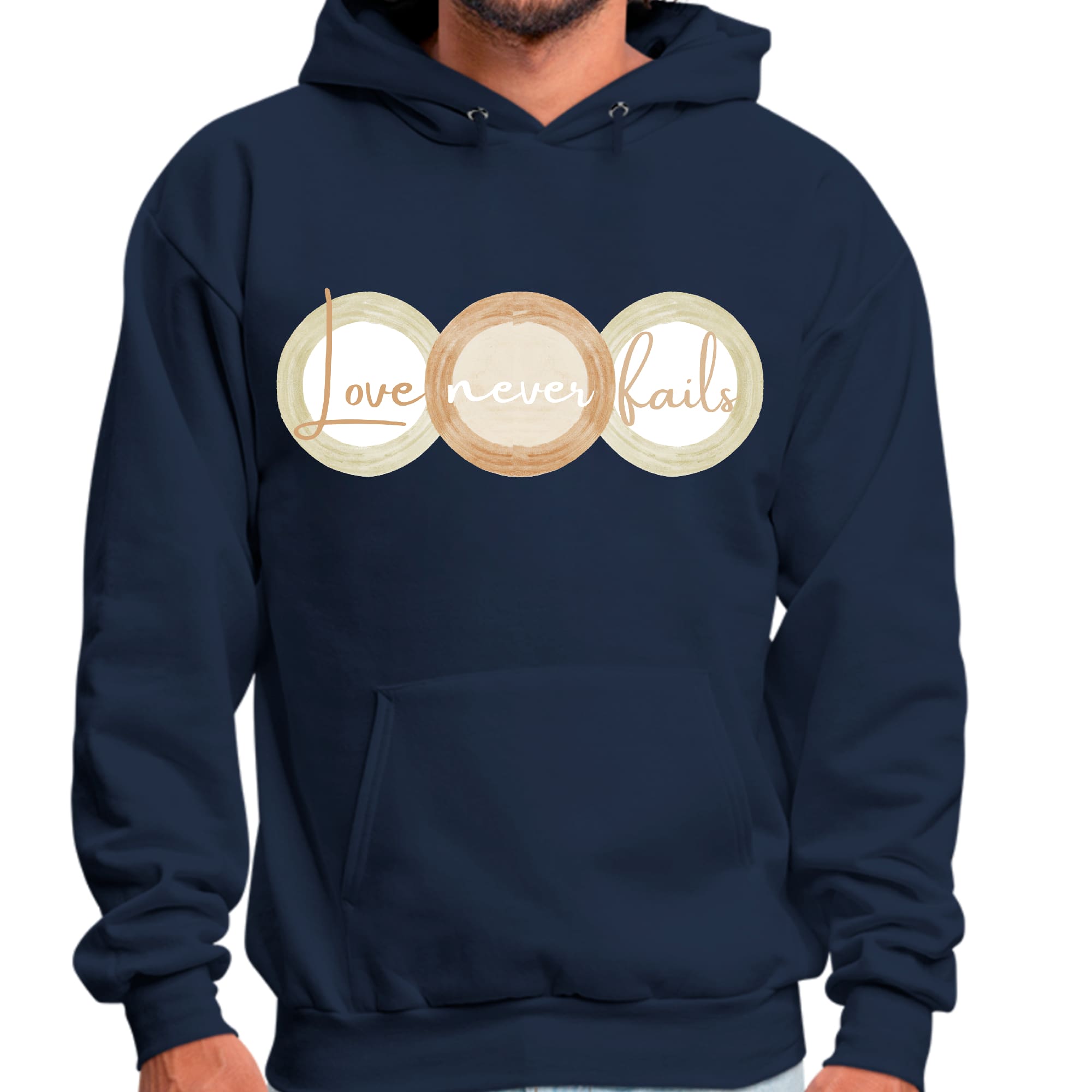 Mens Graphic Hoodie featuring 'Love Never Fails' design in pastel brown, beige, and green circular shapes, showcasing a comfortable fit.