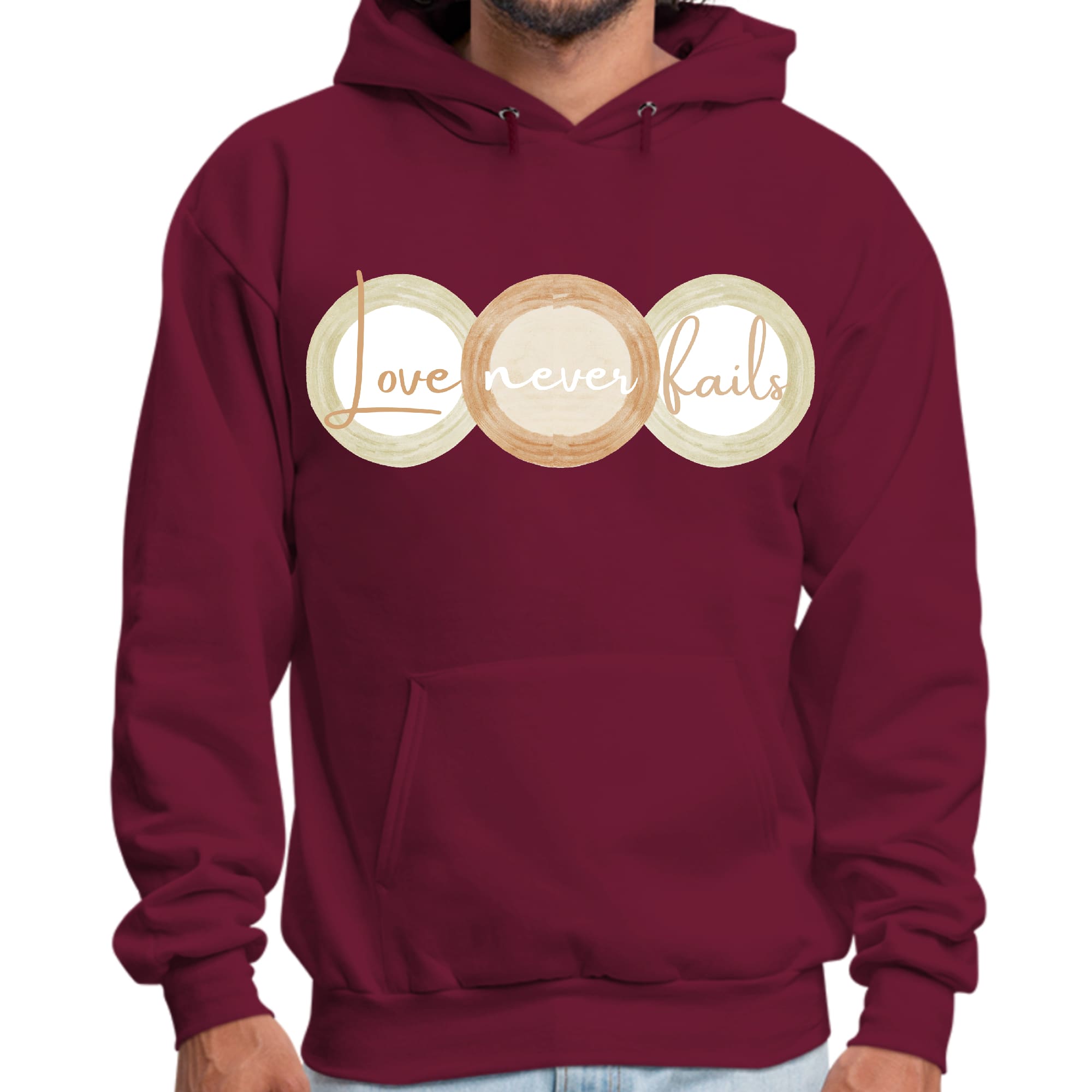 Mens Graphic Hoodie featuring 'Love Never Fails' design in pastel brown, beige, and green circular shapes, showcasing a comfortable fit.