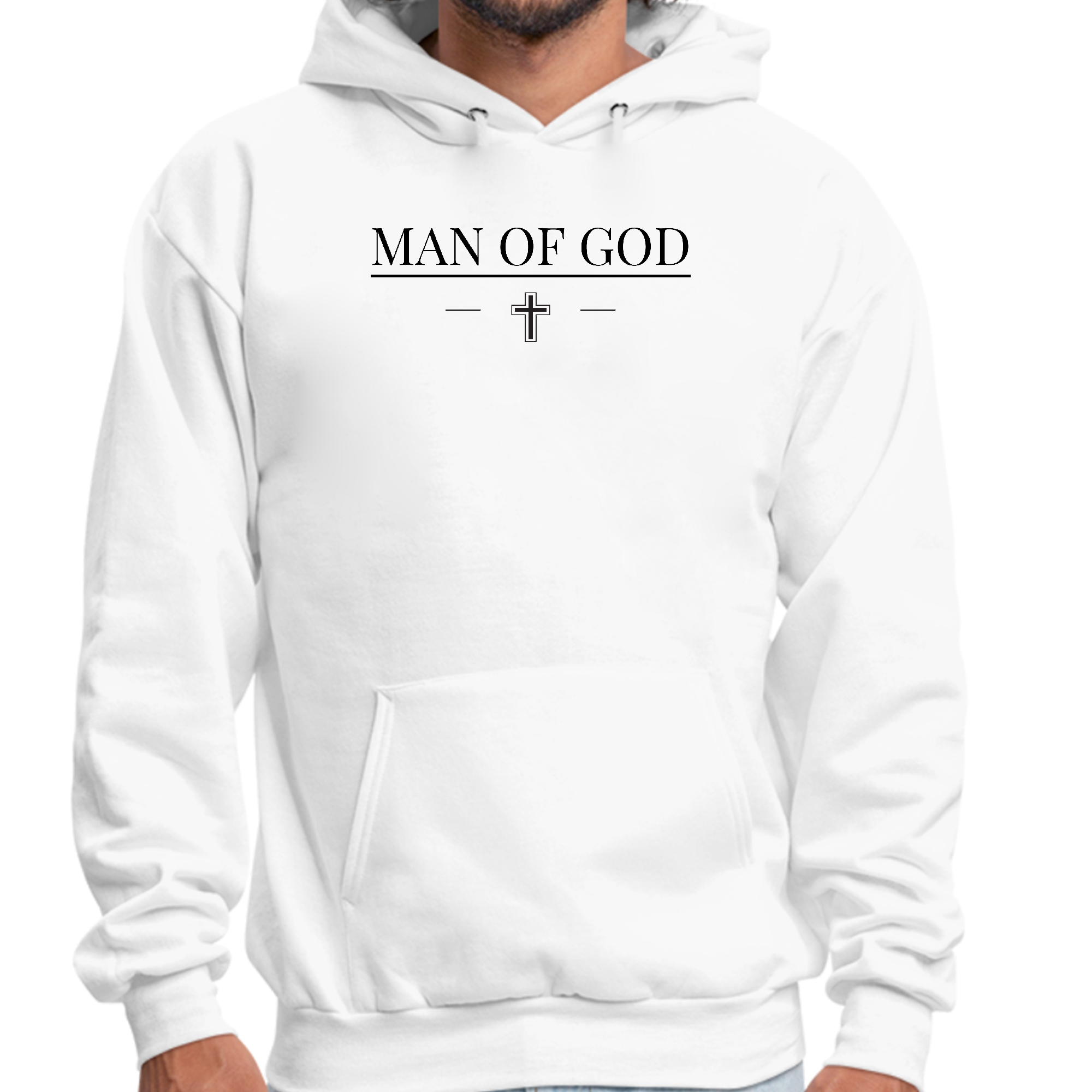 Mens Graphic Hoodie in black featuring the Man of God print, showcasing a stylish design suitable for creative individuals.